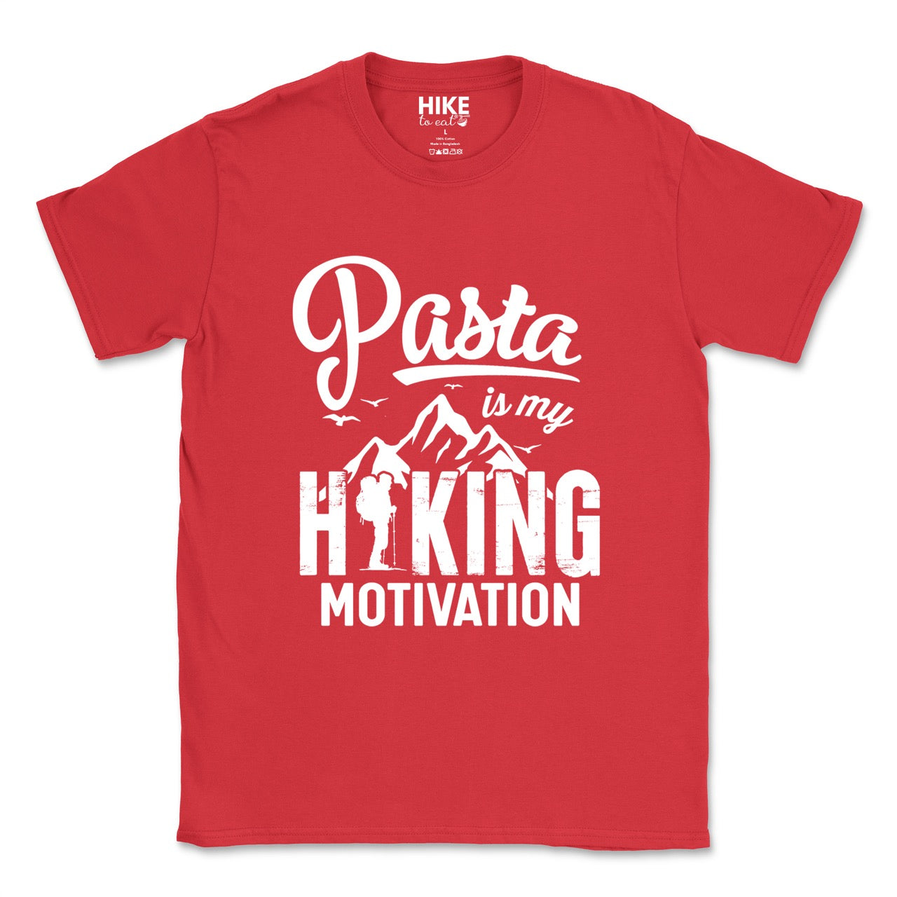 red Pasta is my Hiking Motivation statement tee with script typography, mountains, birds, and backpacker for pasta lovers