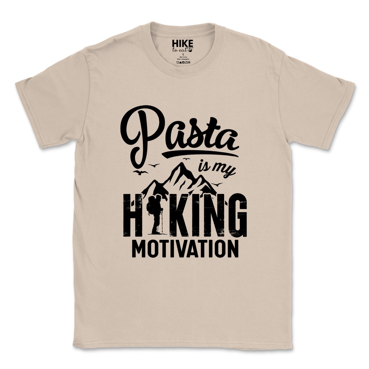 sand (beige) Pasta is my Hiking Motivation statement tee with script typography, mountains, birds, and backpacker for pasta lovers
