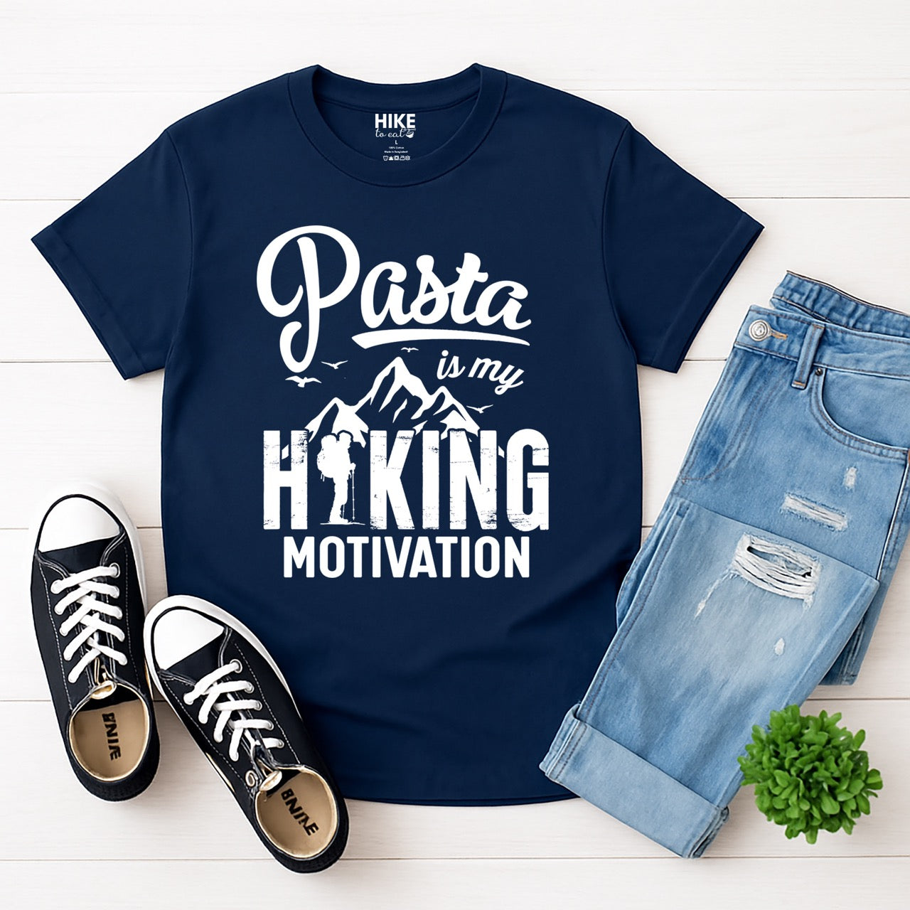 navy blue Pasta is my Hiking Motivation statement tee with script typography, mountains, birds, and backpacker for pasta lovers