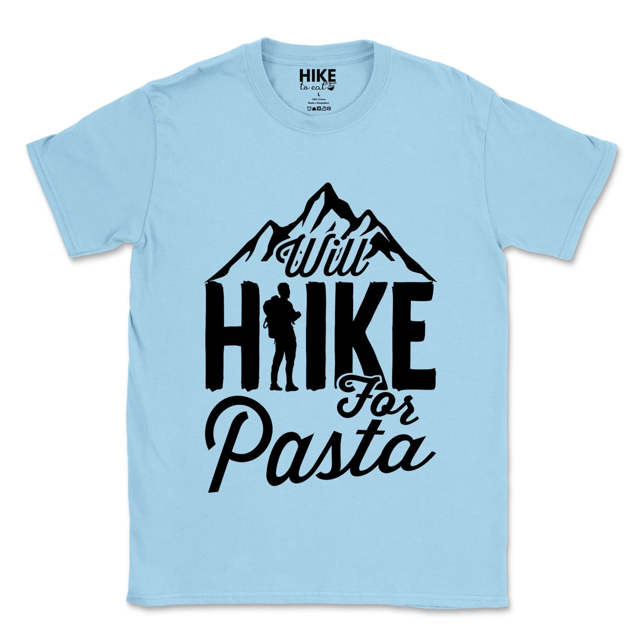 light blue Will Hike for Pasta statement tee with bold typography, mountain peaks, and backpacker silhouette for pasta devotees and hikers