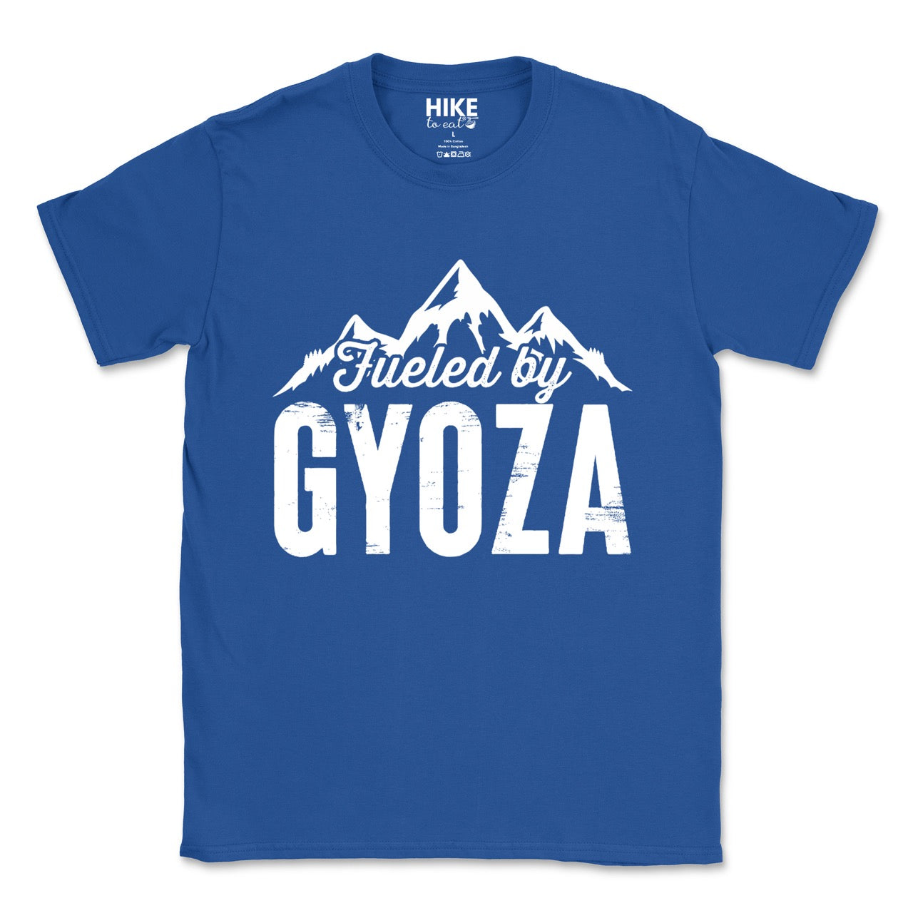 royal (blue) Fueled by Gyoza statement tee with distressed bold typography and mountain peaks for dumpling enthusiasts and hikers
