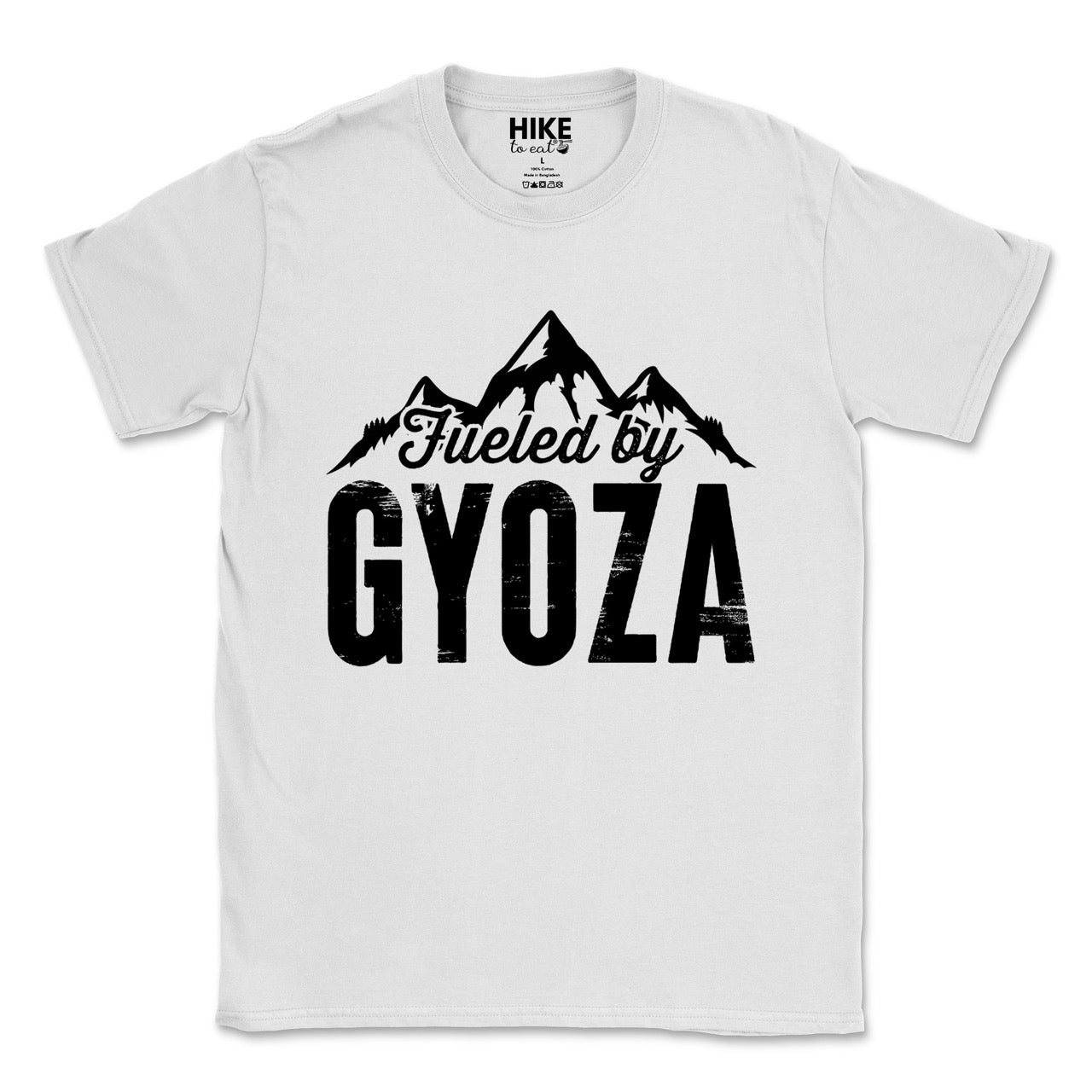 white Fueled by Gyoza statement tee with distressed bold typography and mountain peaks for dumpling enthusiasts and hikers