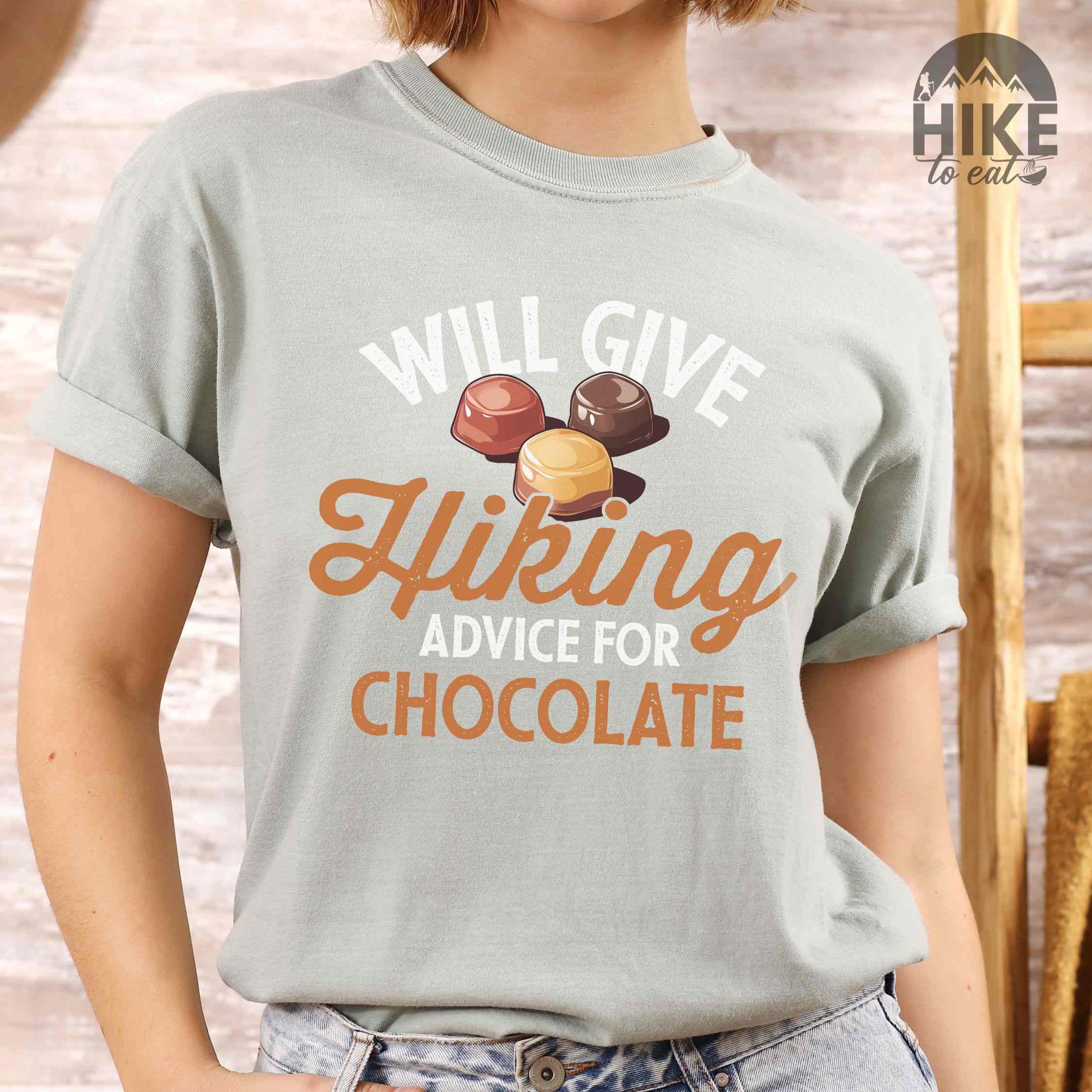 Bay "Will give Hiking advice for Chocolate" colored vintage tee with bold typography, illustrated chocolate bonbons, perfect for the chocolate lovers.