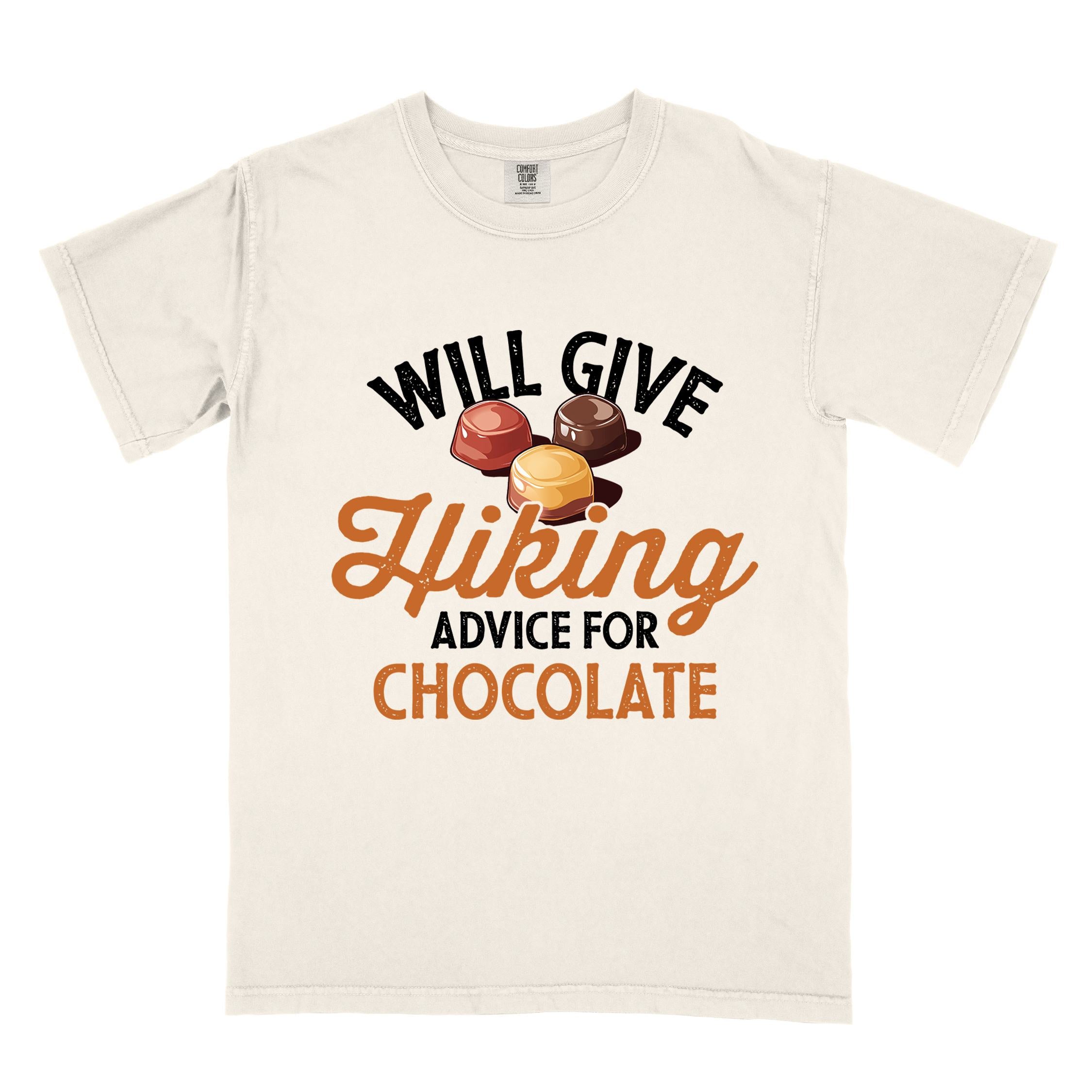 Ivory "Will give Hiking advice for Chocolate" colored vintage tee with bold typography, illustrated chocolate bonbons, perfect for the chocolate lovers.