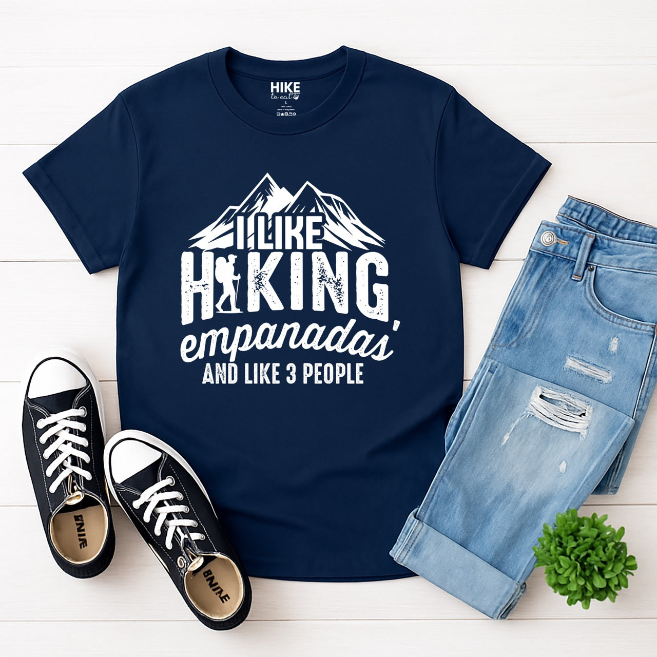 navy I like Hiking, Empanadas and like 3 People funny introvert statement tee with mountain peaks, hiker silhouette, and distressed typography for empanada-loving outdoor enthusiasts and hikers with jeans and shoes