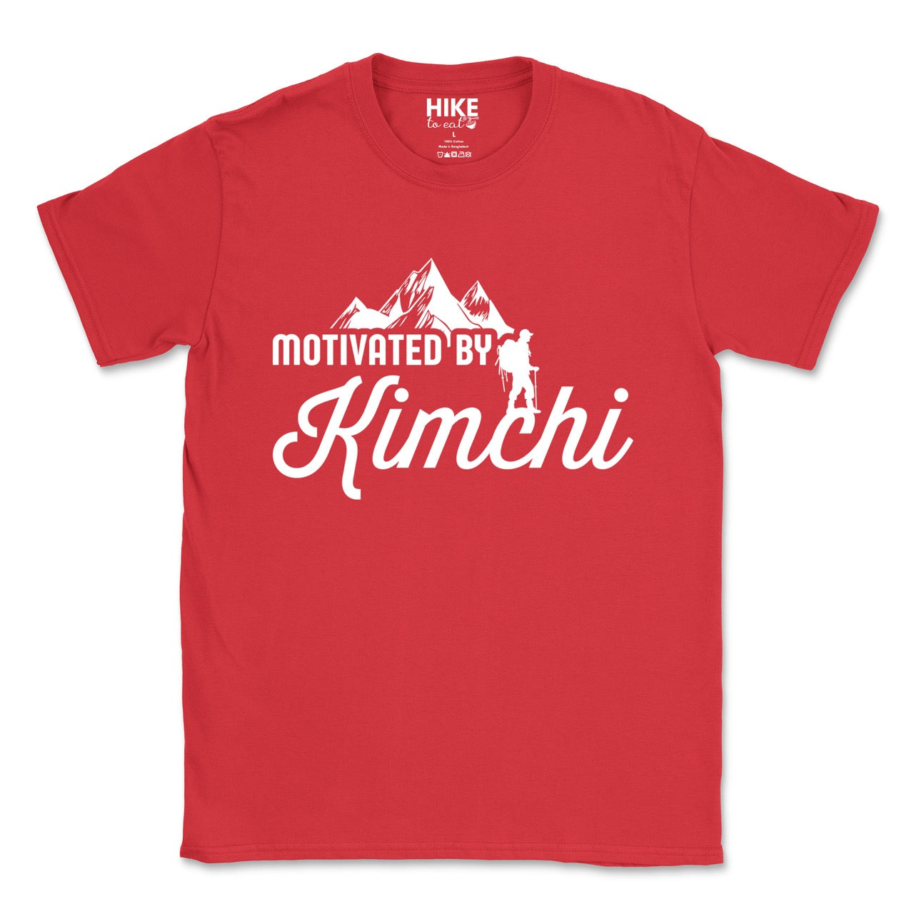red Motivated by Kimchi statement tee with bold typography, elegant script lettering, mountain peaks, and hiker silhouette for Korean food-loving outdoor enthusiasts, foodies and hikers