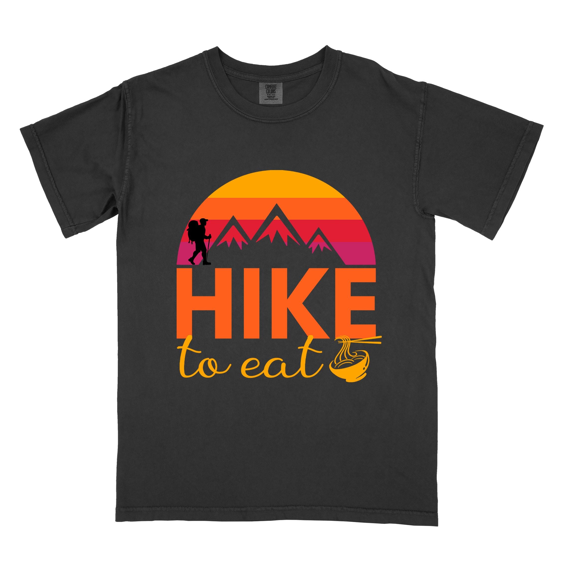 Black "Hike to Eat" colored vintage tee with bold typography, mountains, sunrise, and backpacker to savor each step along the trail.