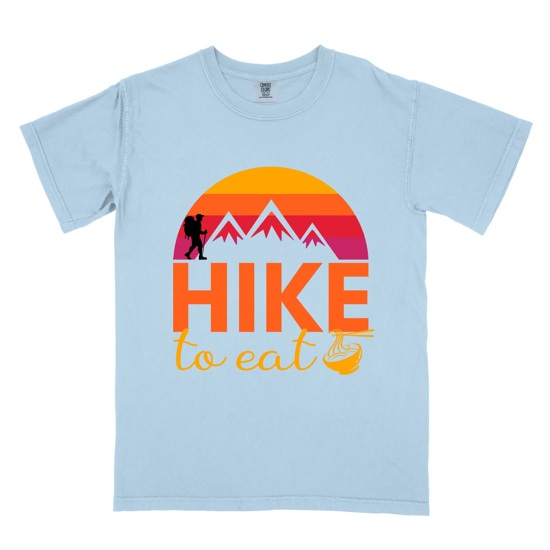 Chambray "Hike to Eat" colored vintage tee with bold typography, mountains, sunrise, and backpacker to savor each step along the trail.