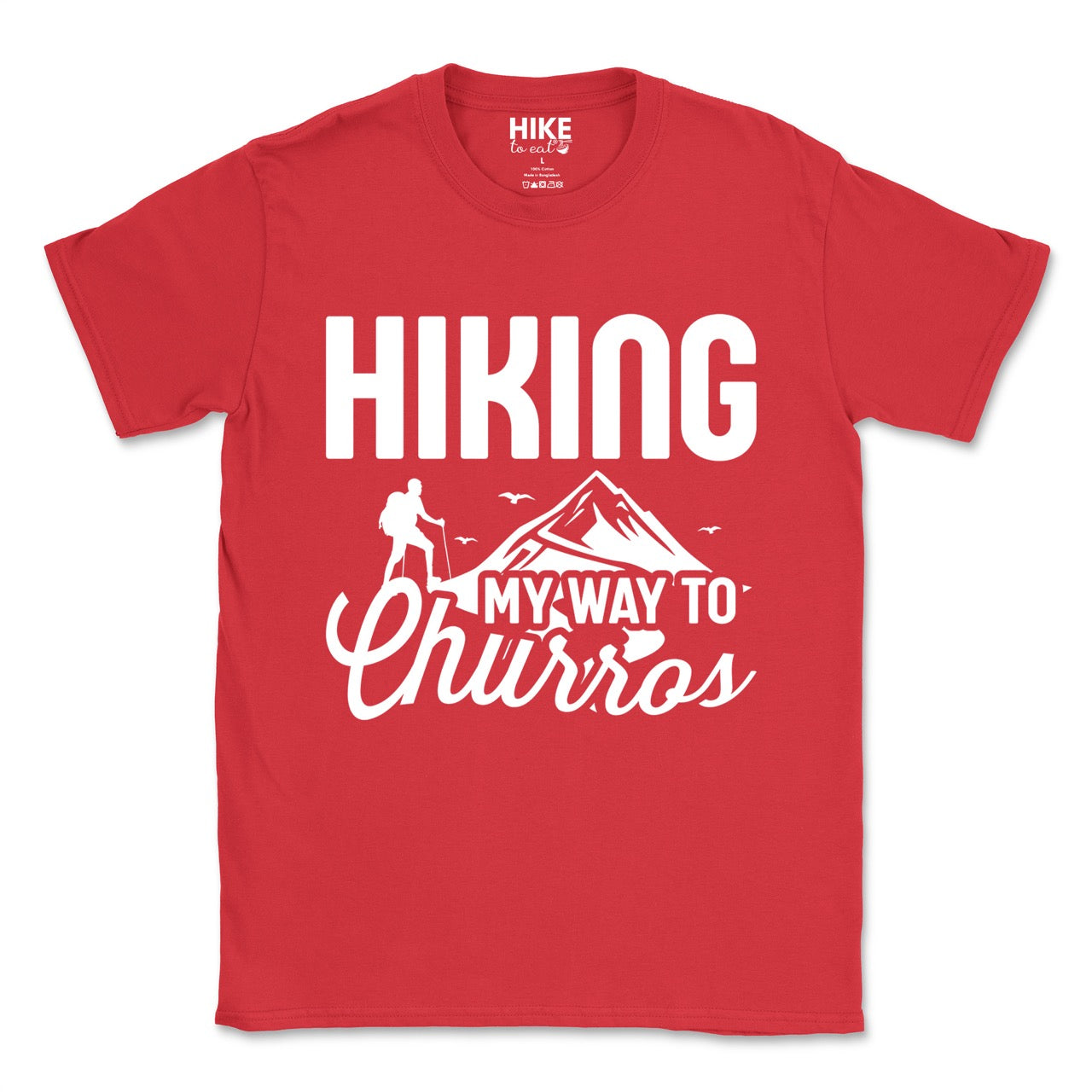 Red Hiking my way to Churros statement tee with bold typography, script lettering, mountain peaks, hiker silhouette, and flying birds for Spanish dessert-loving outdoor enthusiasts, hikers and foodies