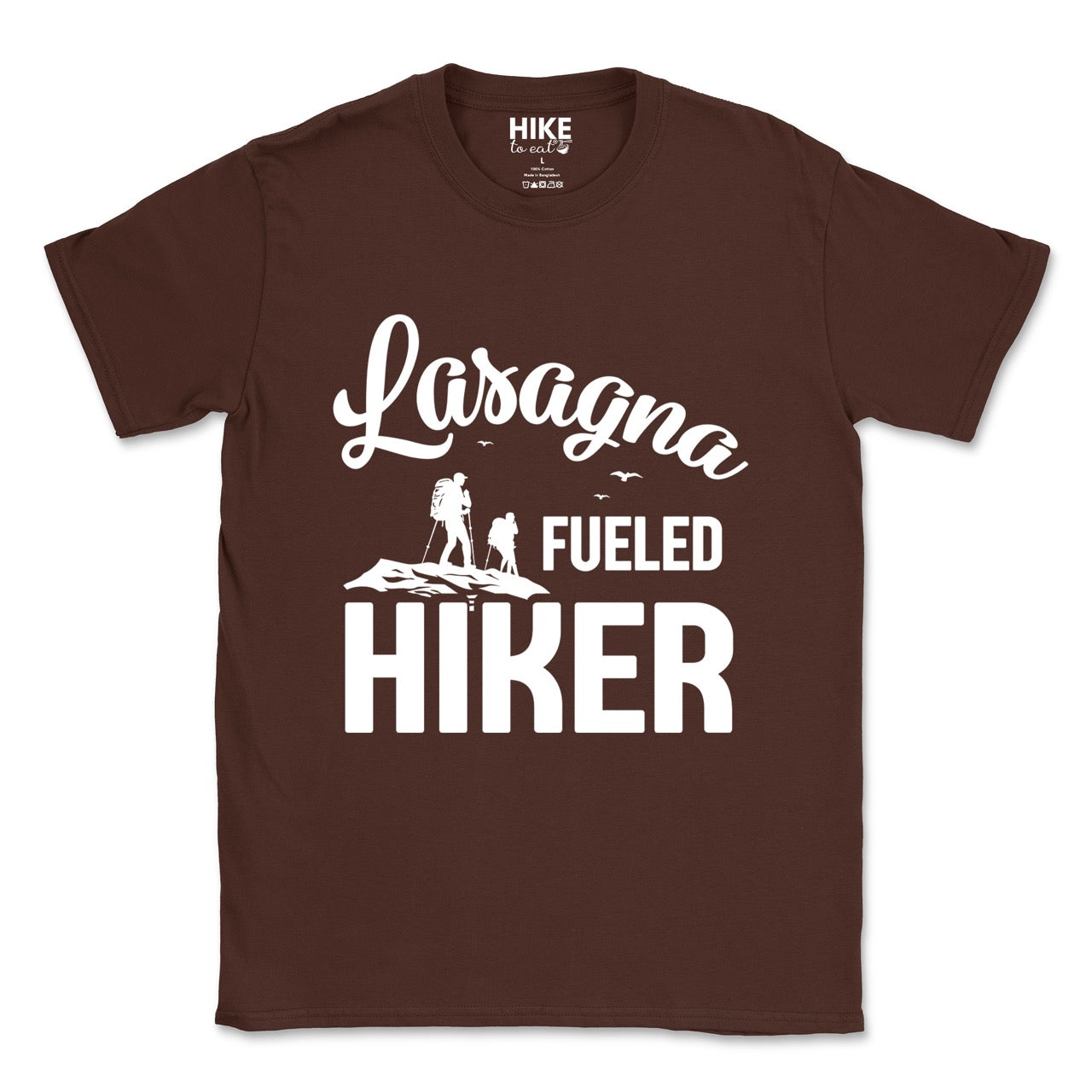 Dark Chocolate (brown) Lasagna Fueled Hiker statement tee with flowing script typography, bold lettering, two hiker silhouettes on mountain ridge, and flying birds for Italian food-loving outdoor enthusiasts, hikers and foodies