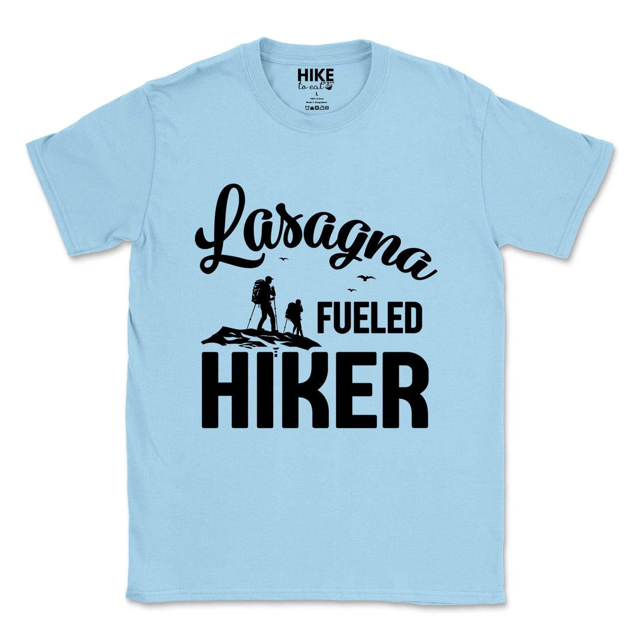 Light Blue Lasagna Fueled Hiker statement tee with flowing script typography, bold lettering, two hiker silhouettes on mountain ridge, and flying birds for Italian food-loving outdoor enthusiasts, hikers and foodies
