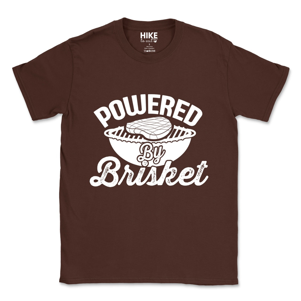 Chocolate Brown Powered by Brisket statement tee with bold curved typography, flowing script lettering, and BBQ grill with brisket illustration for barbecue-loving outdoor enthusiasts, hikers and foodies