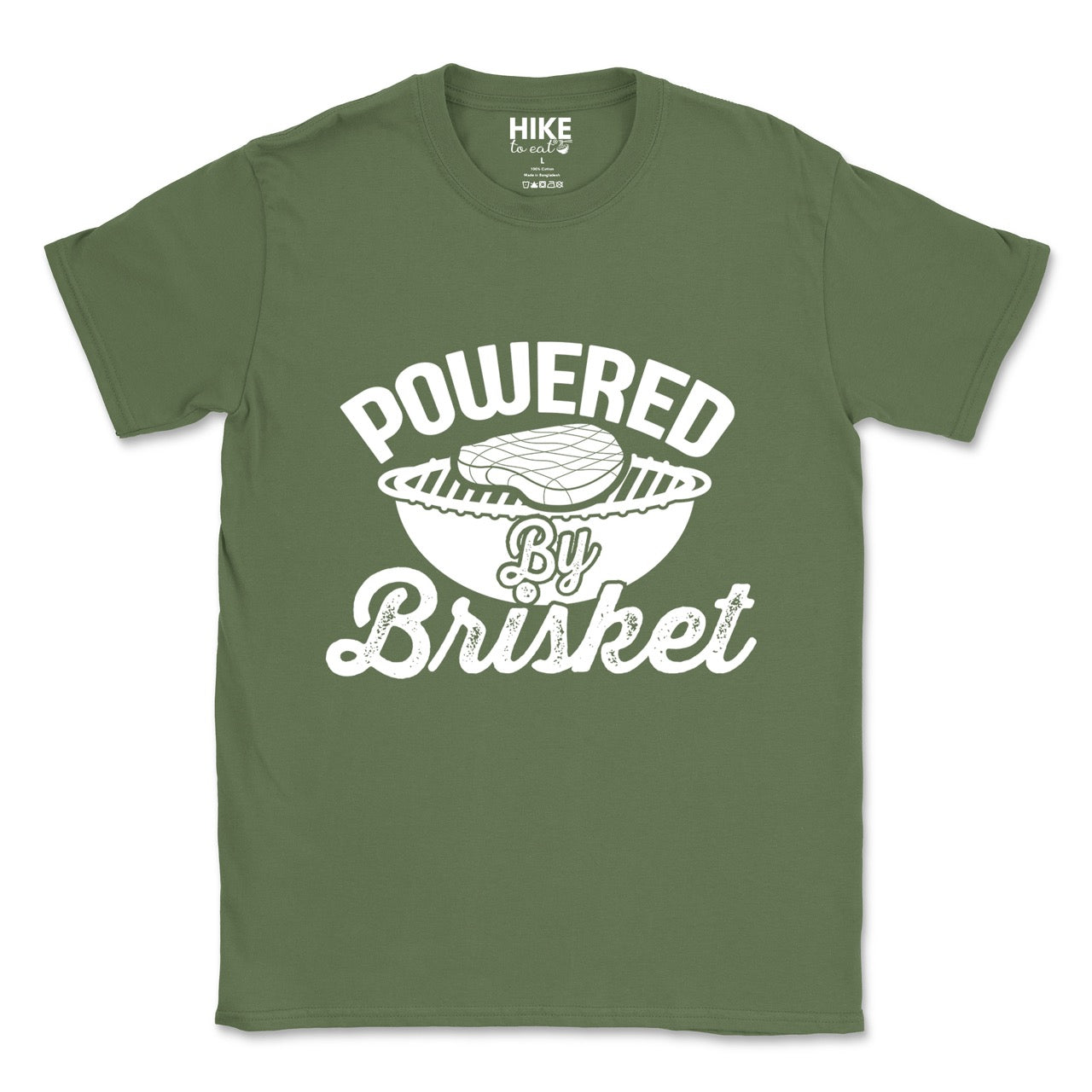 Military Green Powered by Brisket statement tee with bold curved typography, flowing script lettering, and BBQ grill with brisket illustration for barbecue-loving outdoor enthusiasts, hikers and foodies