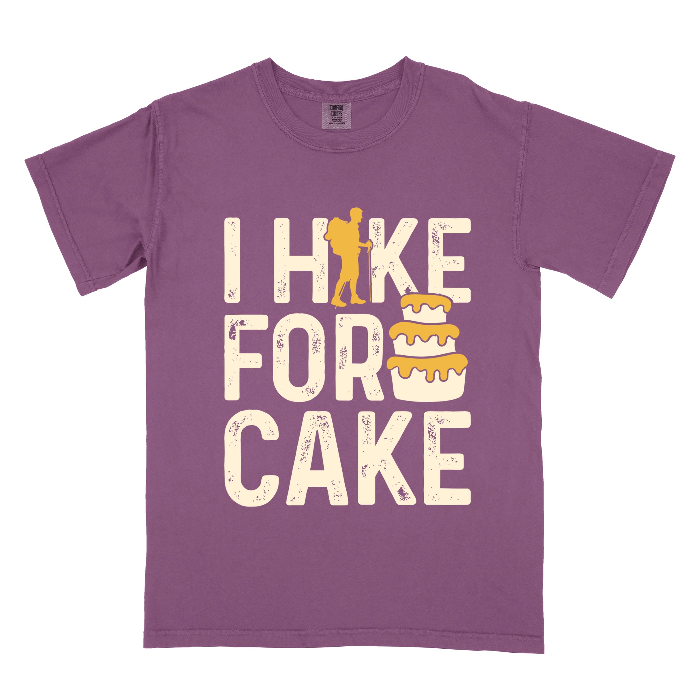 Berry (violet) I Hike for Cake vintage statement tee with distressed typography, hiker silhouette, and layered cake illustration on Comfort Colors shirt for dessert-loving outdoor enthusiasts