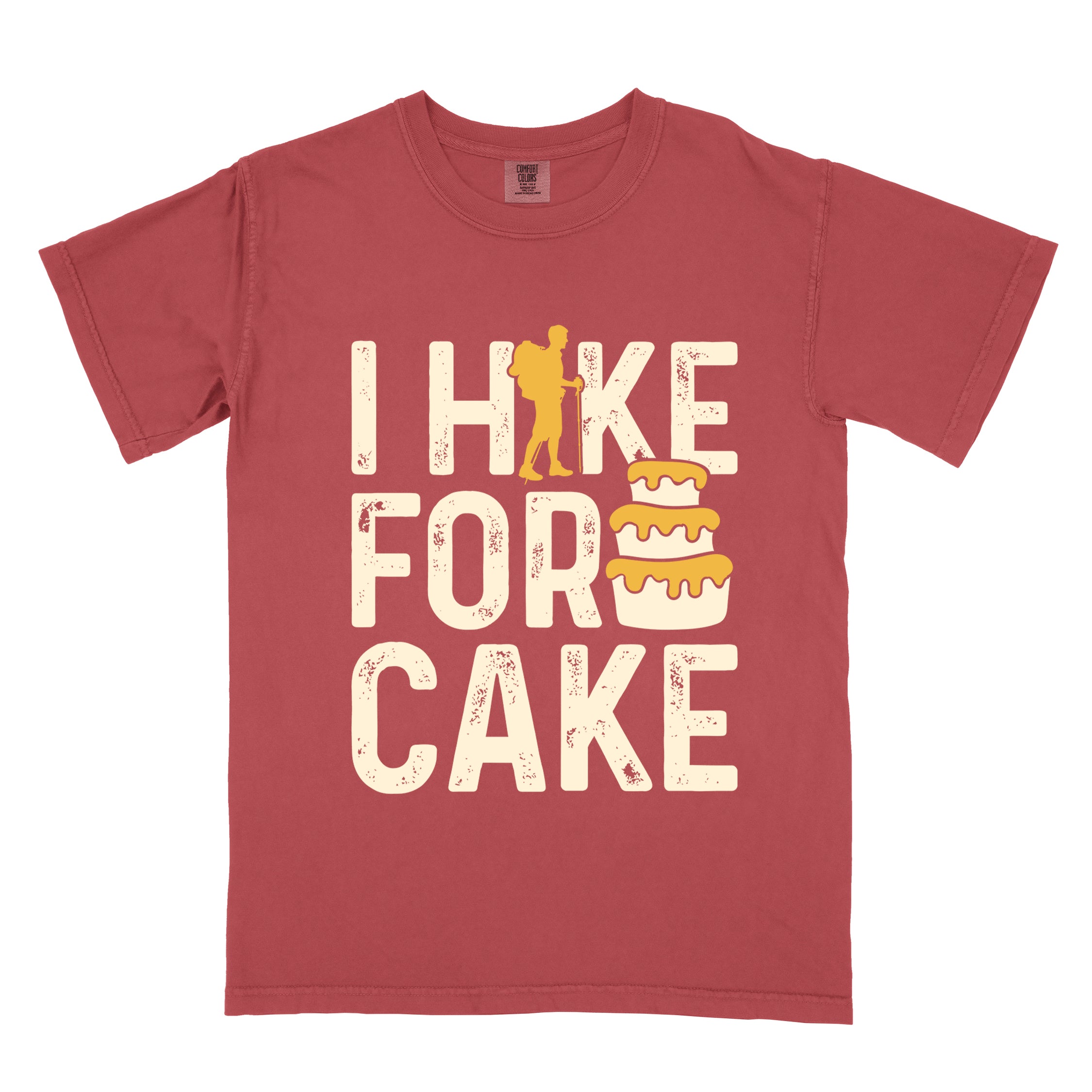 Crimson (red) I Hike for Cake vintage statement tee with distressed typography, hiker silhouette, and layered cake illustration on Comfort Colors shirt for dessert-loving outdoor enthusiasts