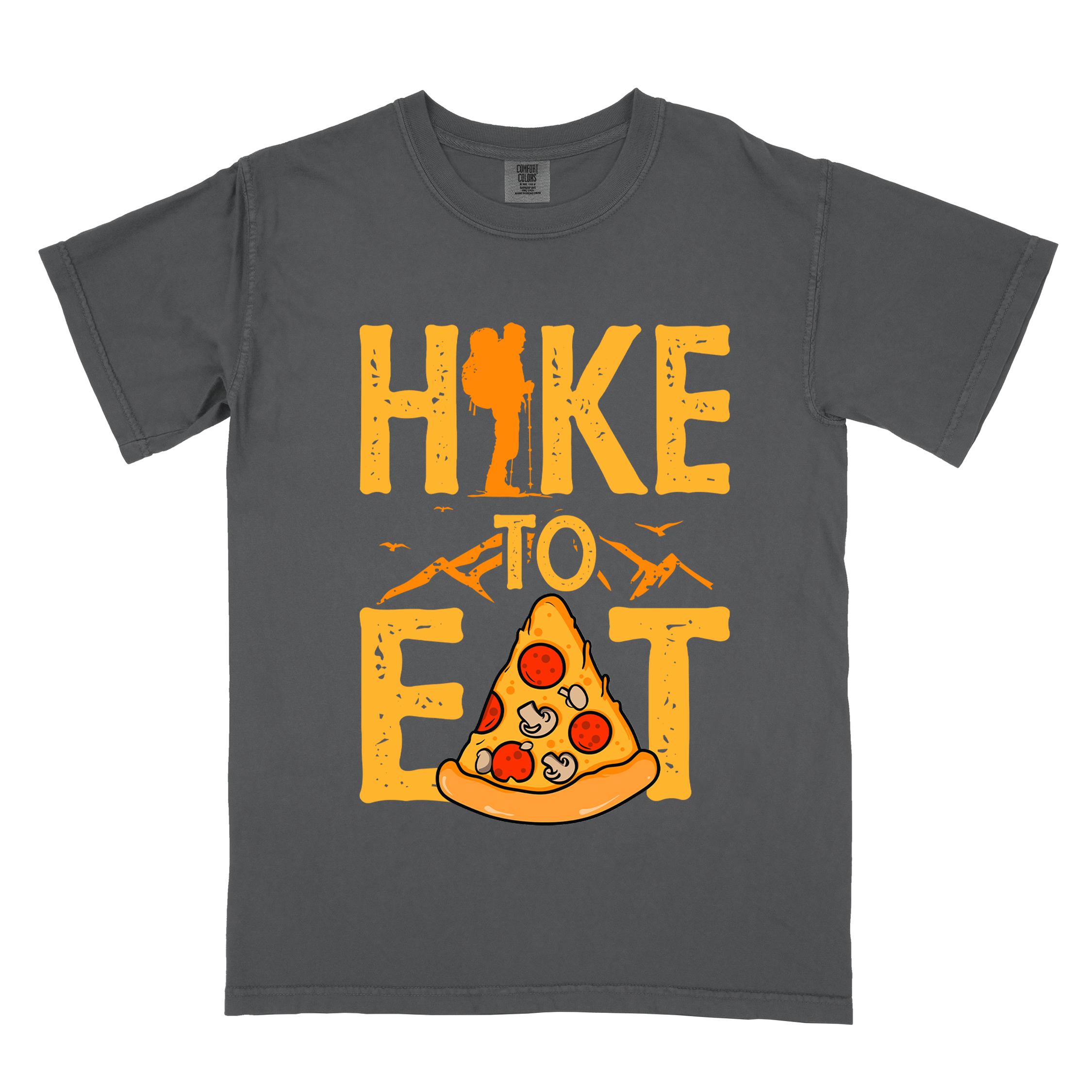 Graphite "Hike to Eat" colored vintage tee with bold typography, birds, mountains, illustrated pizza slice, and backpacker for pizza lovers.