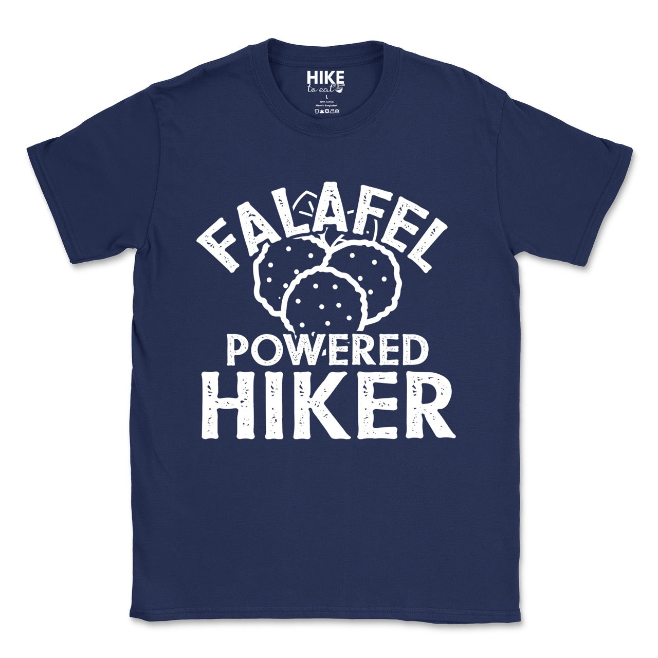 Navy Falafel Powered Hiker statement tee with bold distressed curved typography and detailed falafel illustration for Middle Eastern food-loving outdoor enthusiasts, foodies and hikers