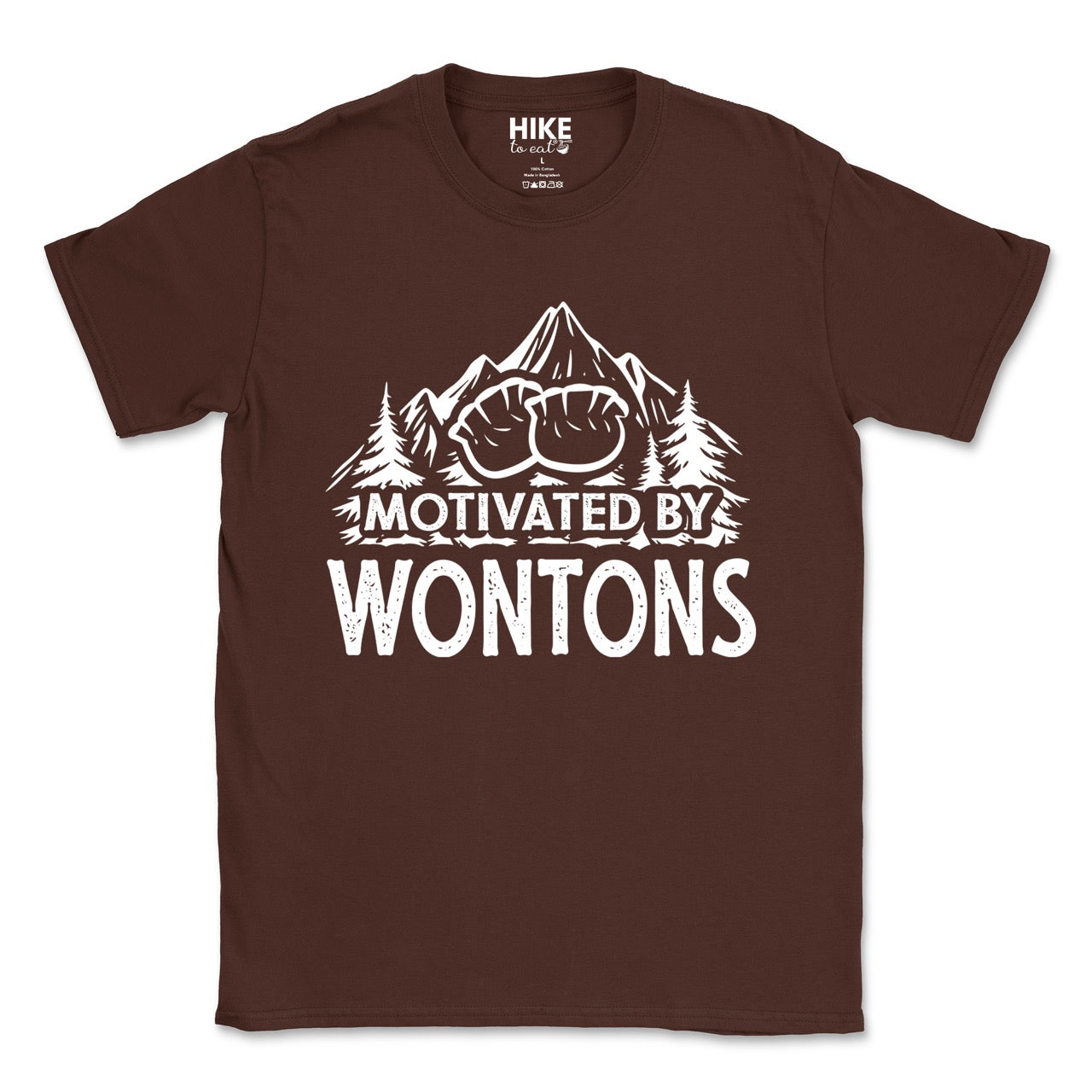 Dark chocolate Motivated by Wontons statement tee with bold distressed typography, mountain peaks, pine trees, and wonton illustration for Chinese food-loving outdoor enthusiasts, hikers and foodies
