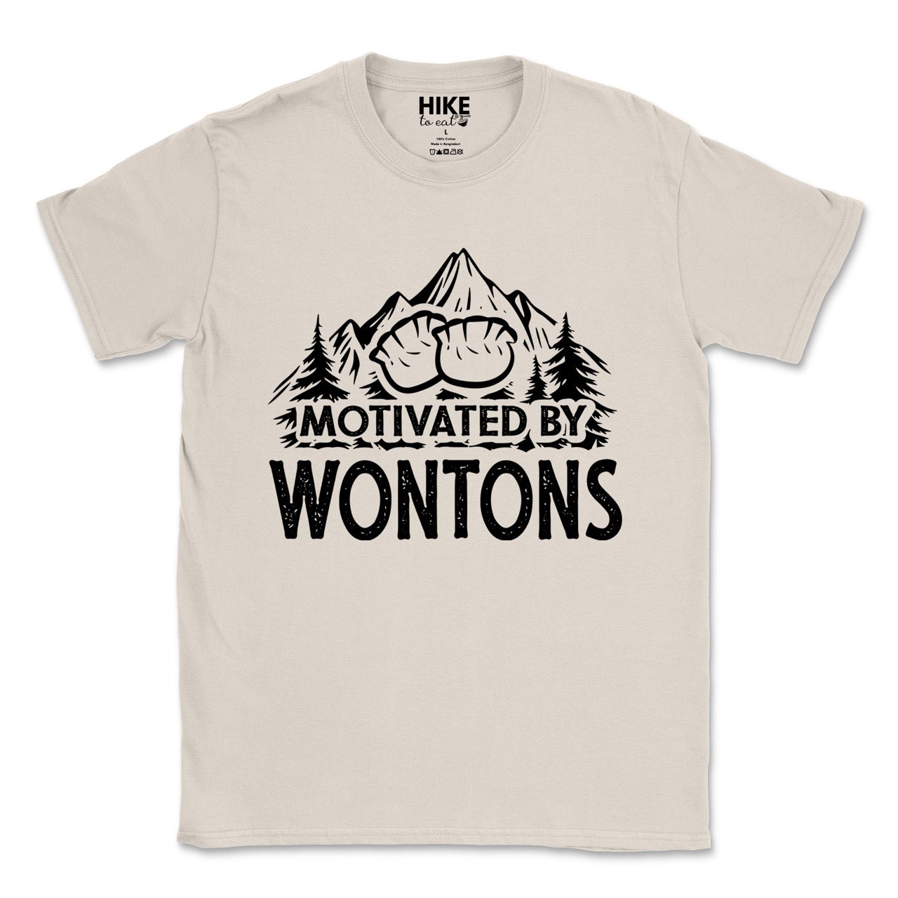 Natural (beige) Motivated by Wontons statement tee with bold distressed typography, mountain peaks, pine trees, and wonton illustration for Chinese food-loving outdoor enthusiasts, hikers and foodies