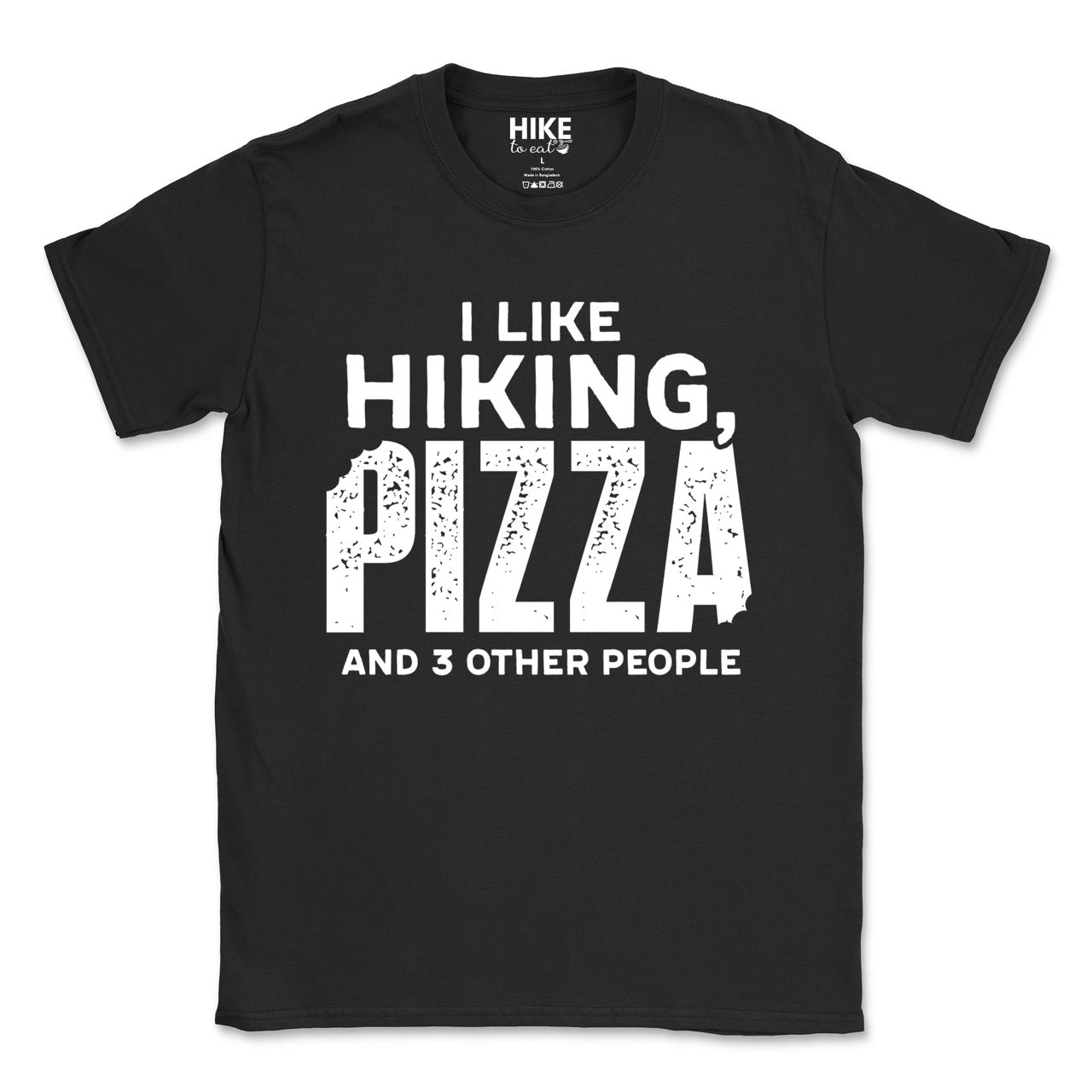 Black Motivated by Wontons statement tee with bold distressed typography, mountain peaks, pine trees, and wonton illustration for Chinese food-loving outdoor enthusiasts, hikers and foodies