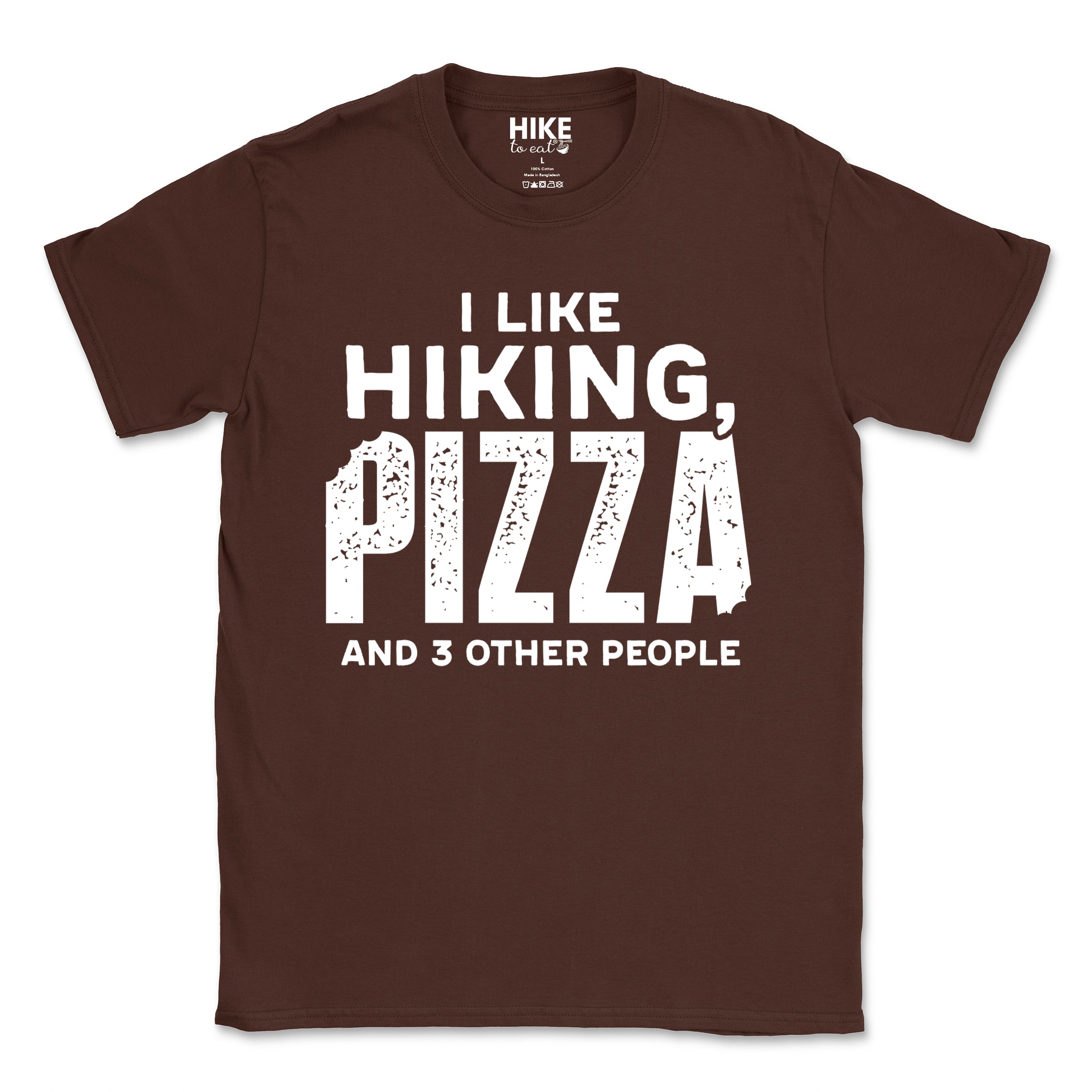 Dark Chocolate Motivated by Wontons statement tee with bold distressed typography, mountain peaks, pine trees, and wonton illustration for Chinese food-loving outdoor enthusiasts, hikers and foodies