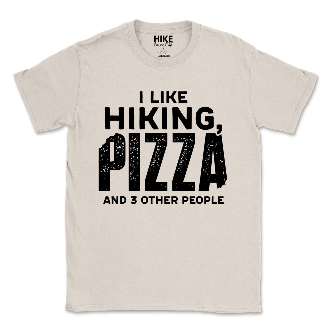 Natural (beige) Motivated by Wontons statement tee with bold distressed typography, mountain peaks, pine trees, and wonton illustration for Chinese food-loving outdoor enthusiasts, hikers and foodies