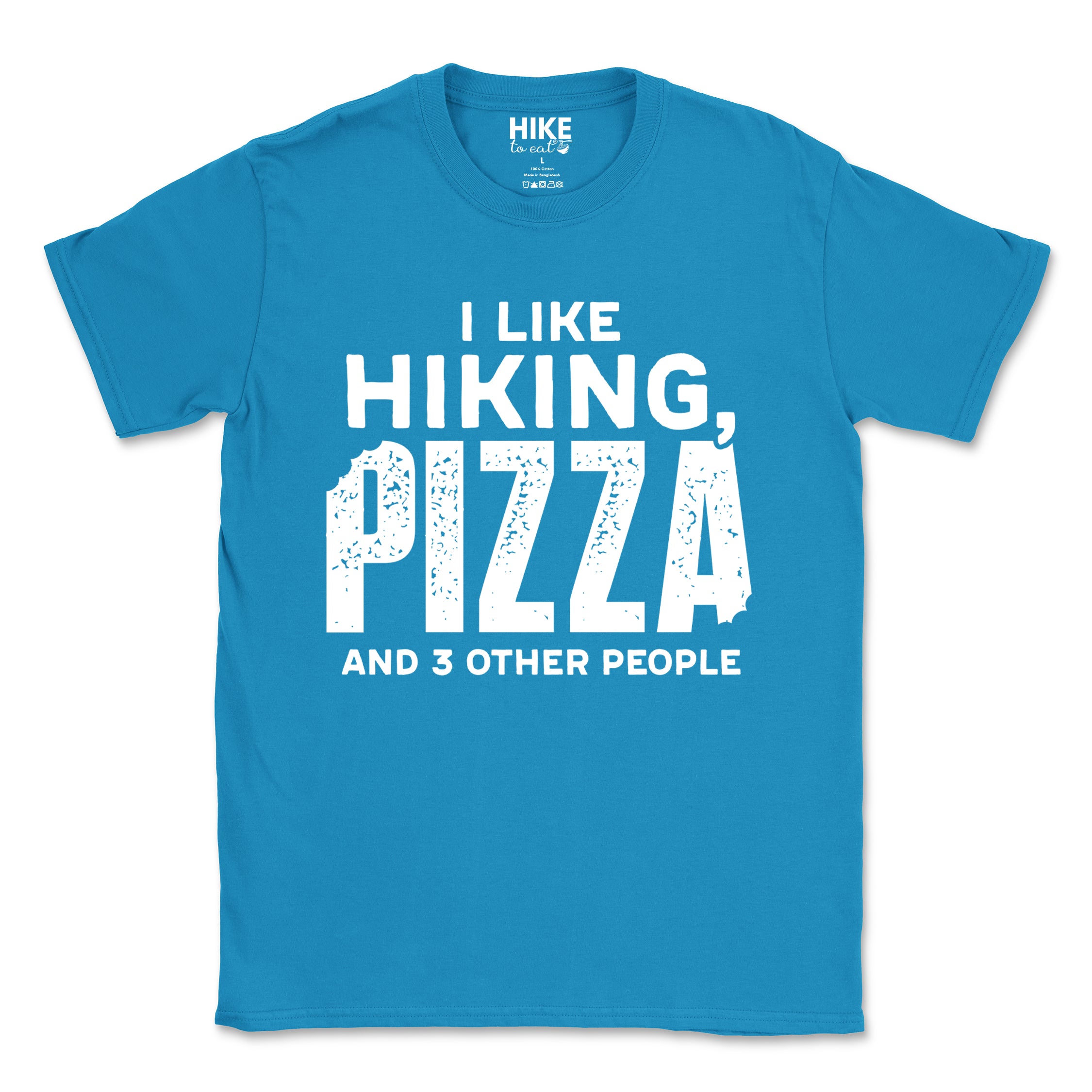 Saphire Motivated by Wontons statement tee with bold distressed typography, mountain peaks, pine trees, and wonton illustration for Chinese food-loving outdoor enthusiasts, hikers and foodies