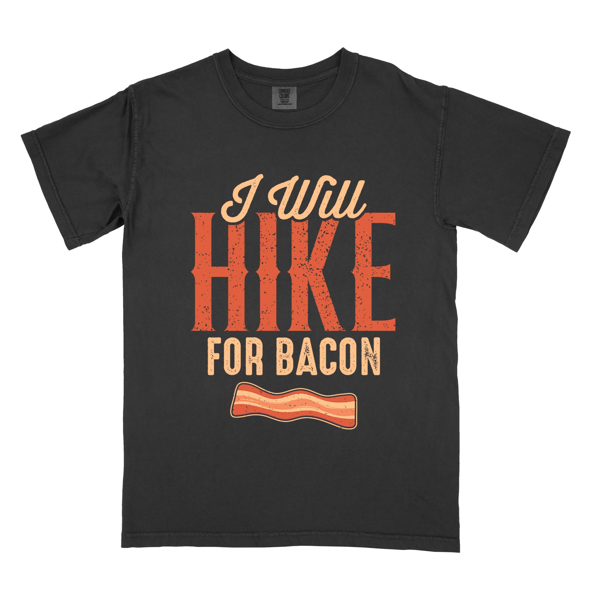 Black "I Will Hike for Bacon" colored vintage tee with bold typography, illustrated crispy bacon, perfect for breakfast lovers