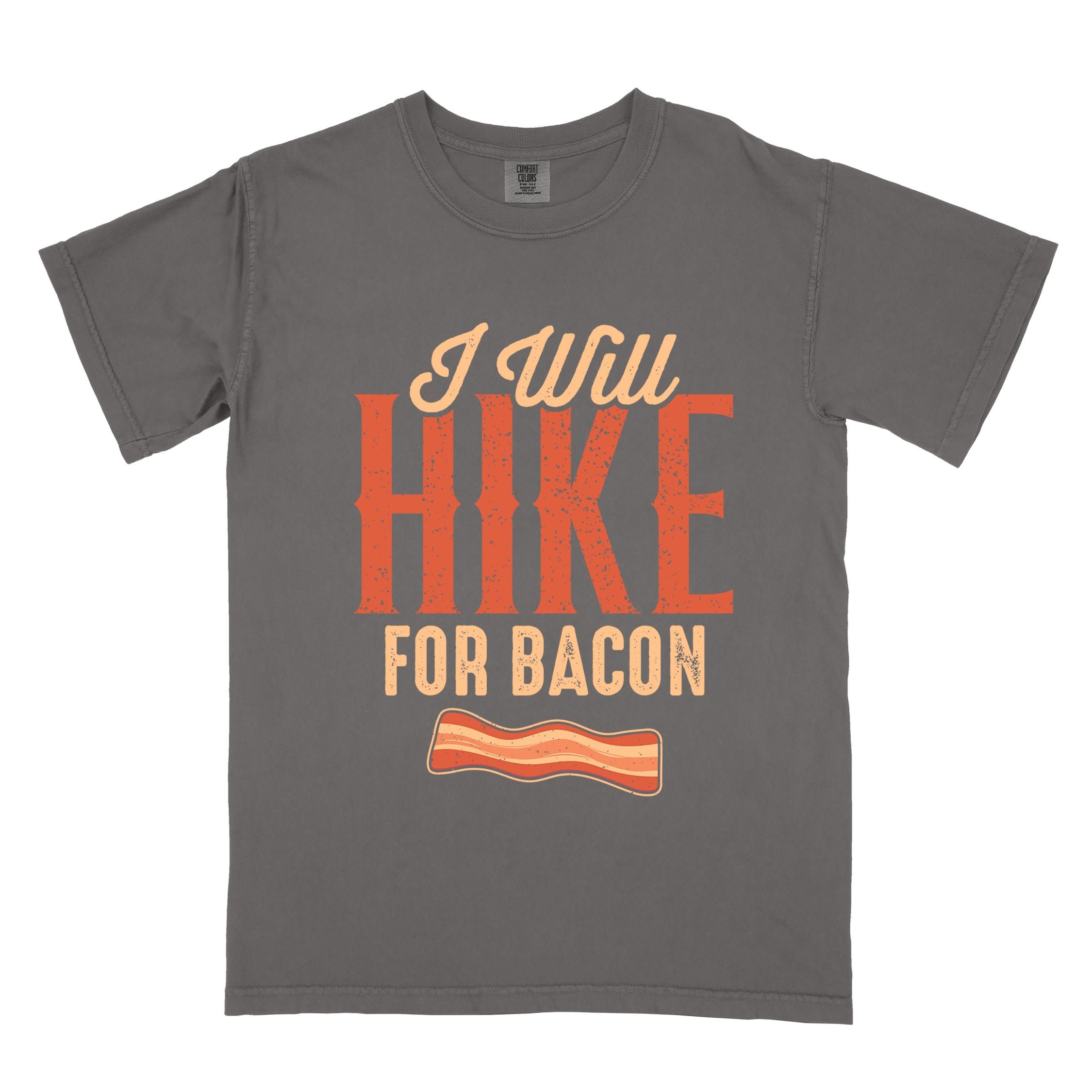 Pepper "I Will Hike for Bacon" colored vintage tee with bold typography, illustrated crispy bacon, perfect for breakfast lovers