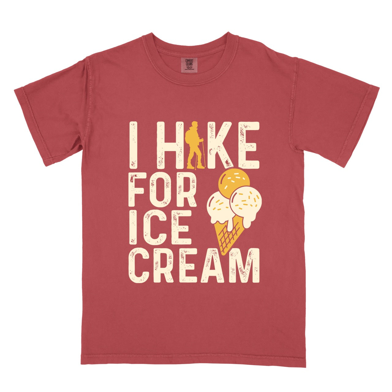 crismon (red) I Hike for Ice Cream statement tee with vintage distressed typography, hiker silhouette, and double-scoop ice cream cone illustration on Comfort Colors shirt for dessert-loving outdoor enthusiasts and hikers