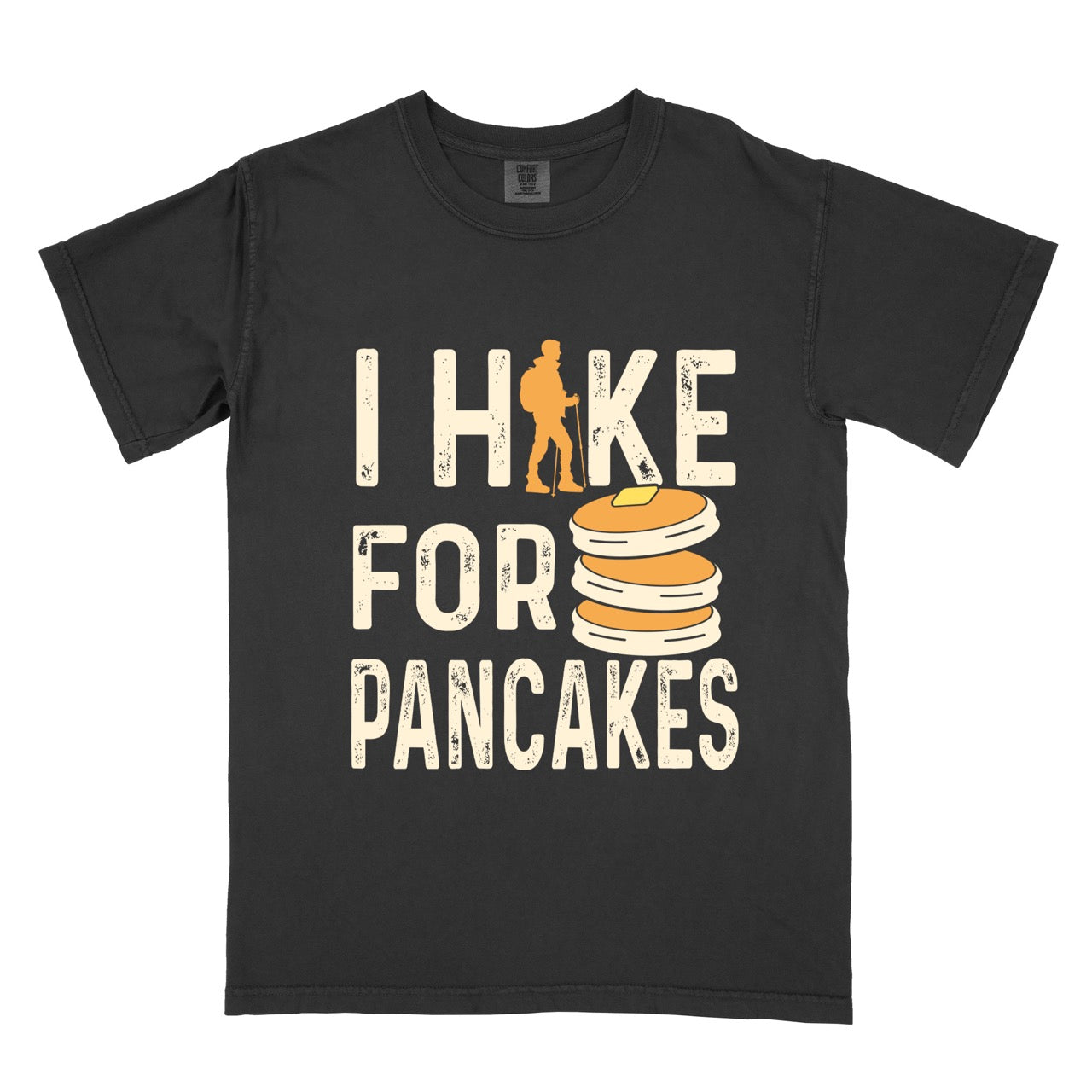 Black Pancake breakfast lover vintage tee I Hike for Pancakes with distressed cream typography character silhouette with trekking pole and illustrated stacked pancakes with butter on Comfort Colors shirt for brunch and food enthusiasts, hikers and foodies.