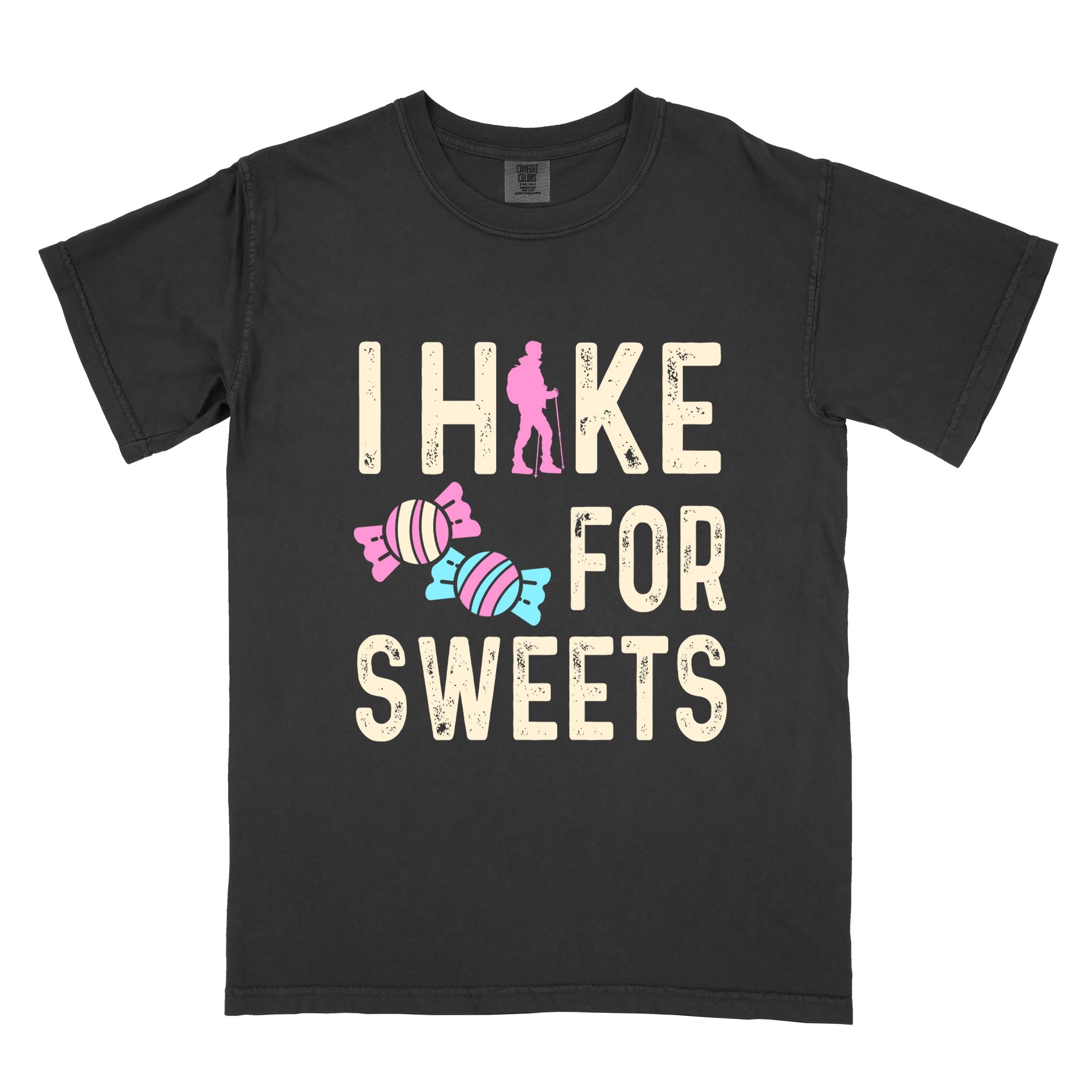 Black 'I Hike for Sweets' text in cream lettering, illustrated pieces of candies, and backpacker for candy lovers