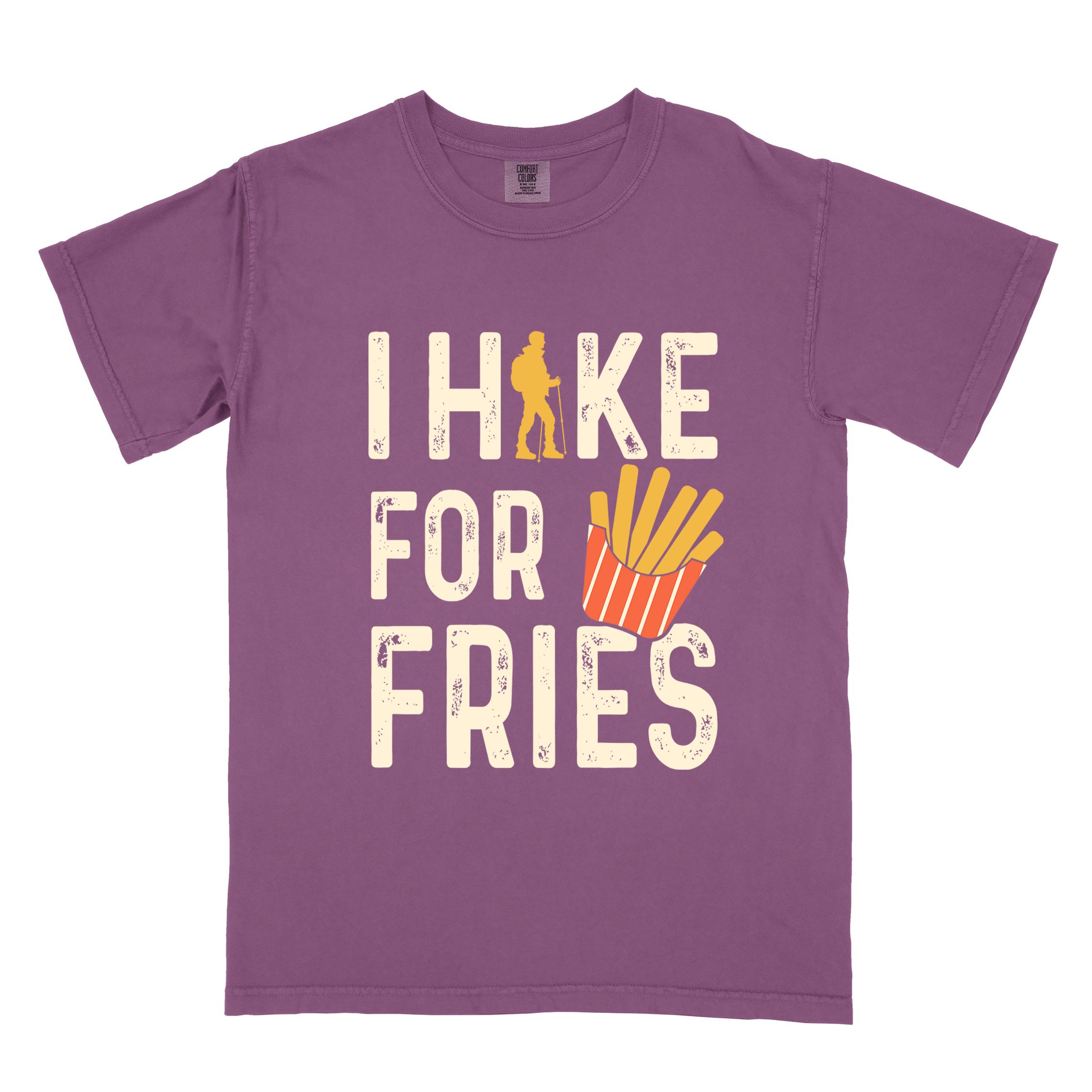 Berry 'I Hike for Tacos' text in cream lettering, illustrated french fries, and backpacker for french fries enthusiasts