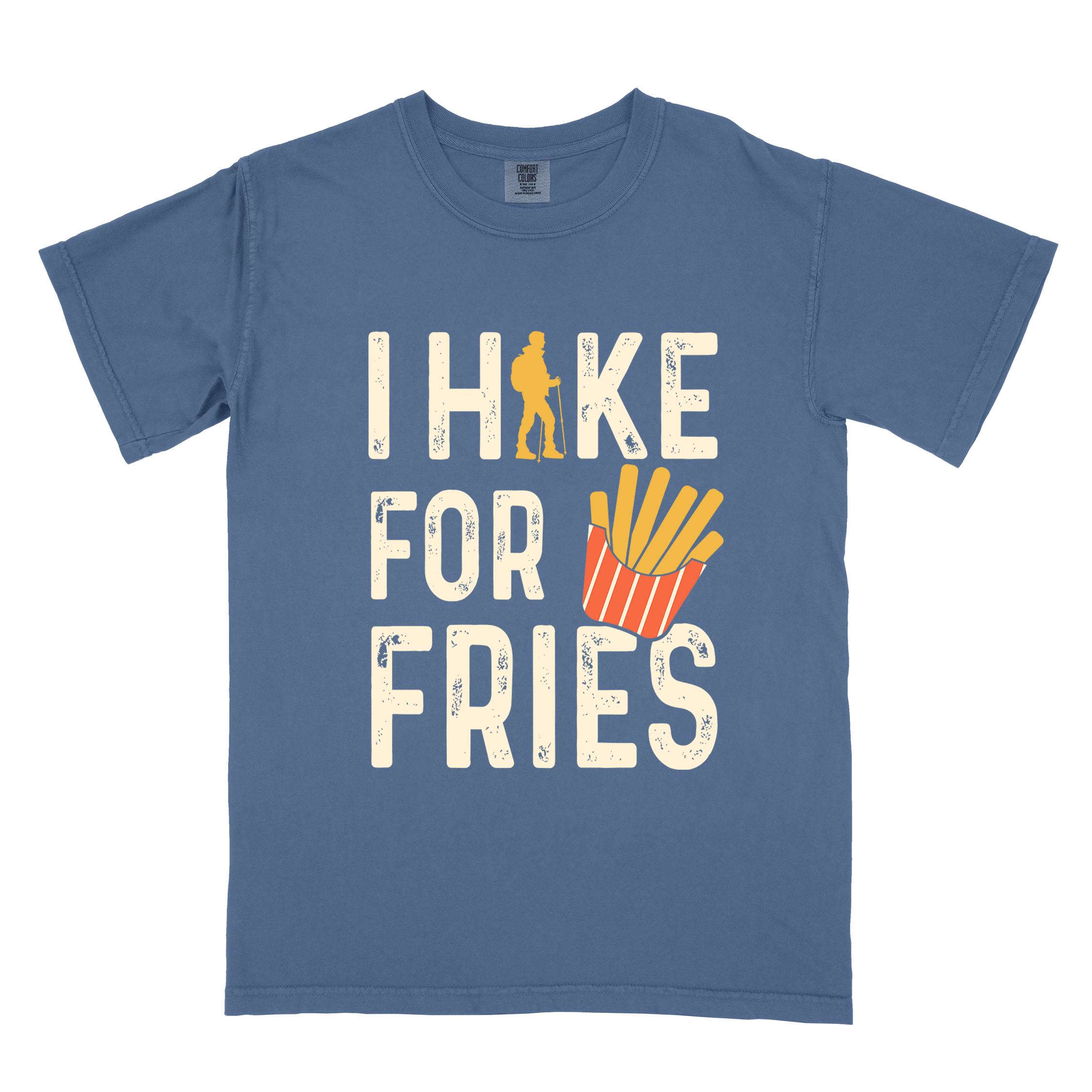 Blue jean 'I Hike for Tacos' text in cream lettering, illustrated french fries, and backpacker for french fries enthusiasts
