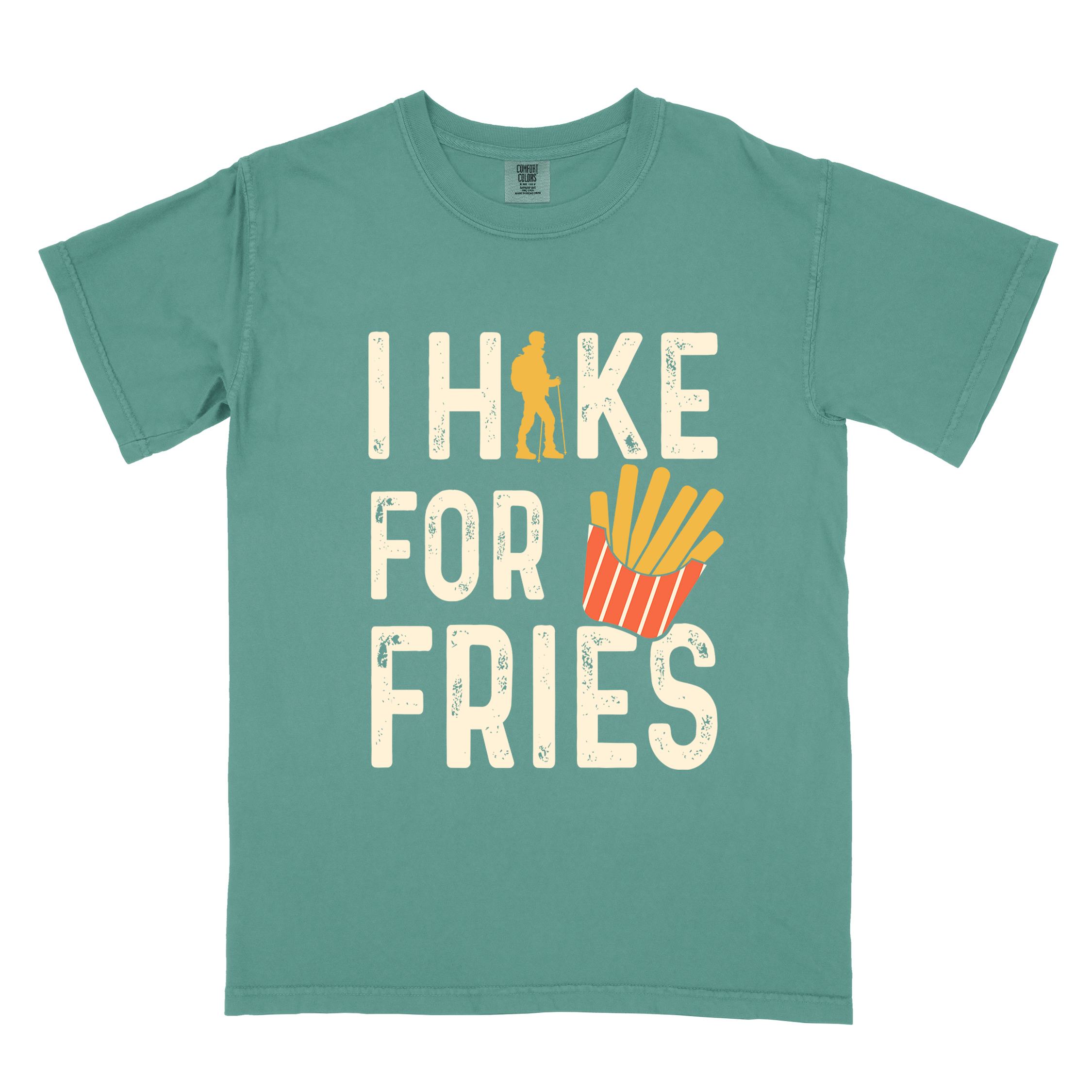 Light green 'I Hike for Tacos' text in cream lettering, illustrated french fries, and backpacker for french fries enthusiasts