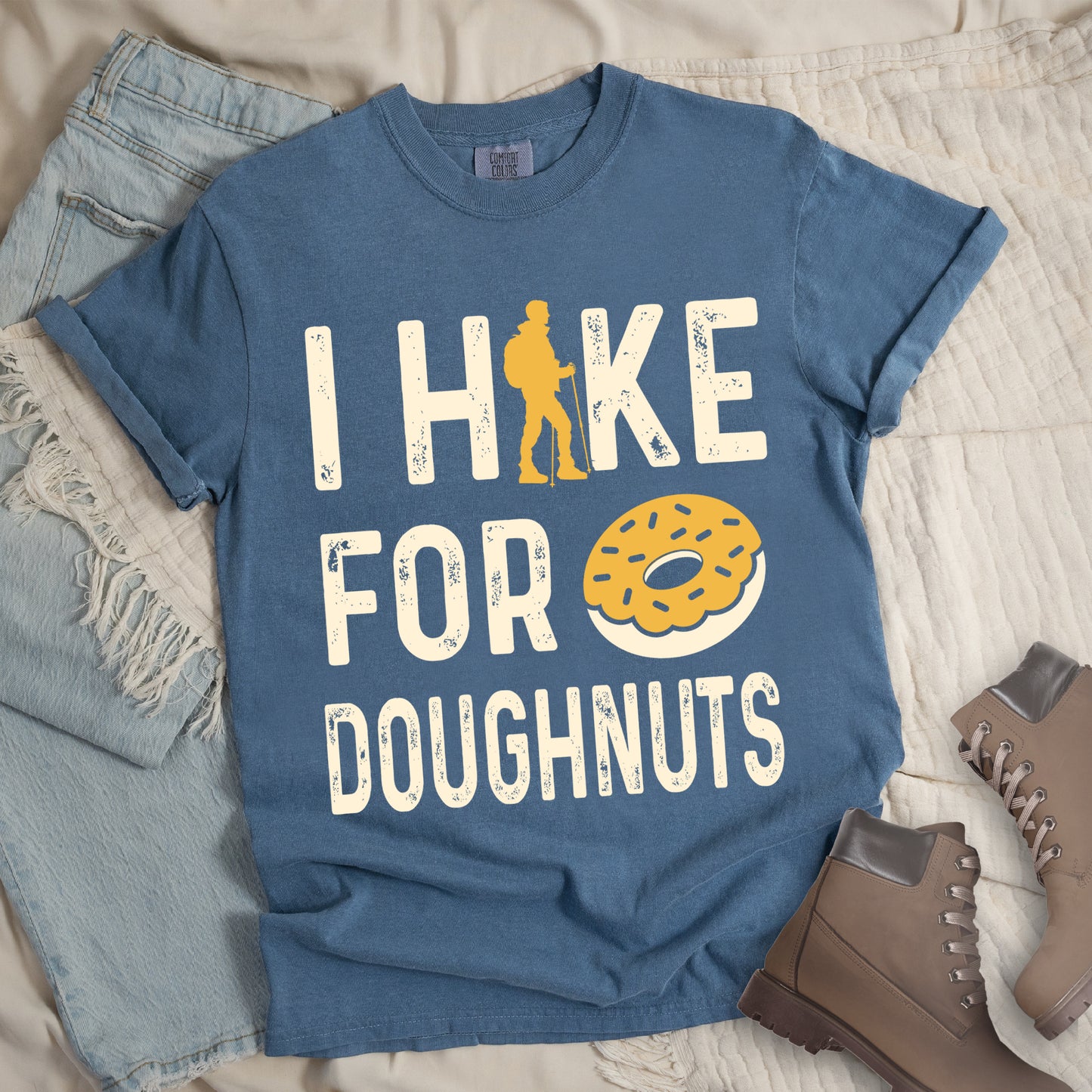 Blue Shirt with words 'I Hike for Doughnuts' and a Donut design