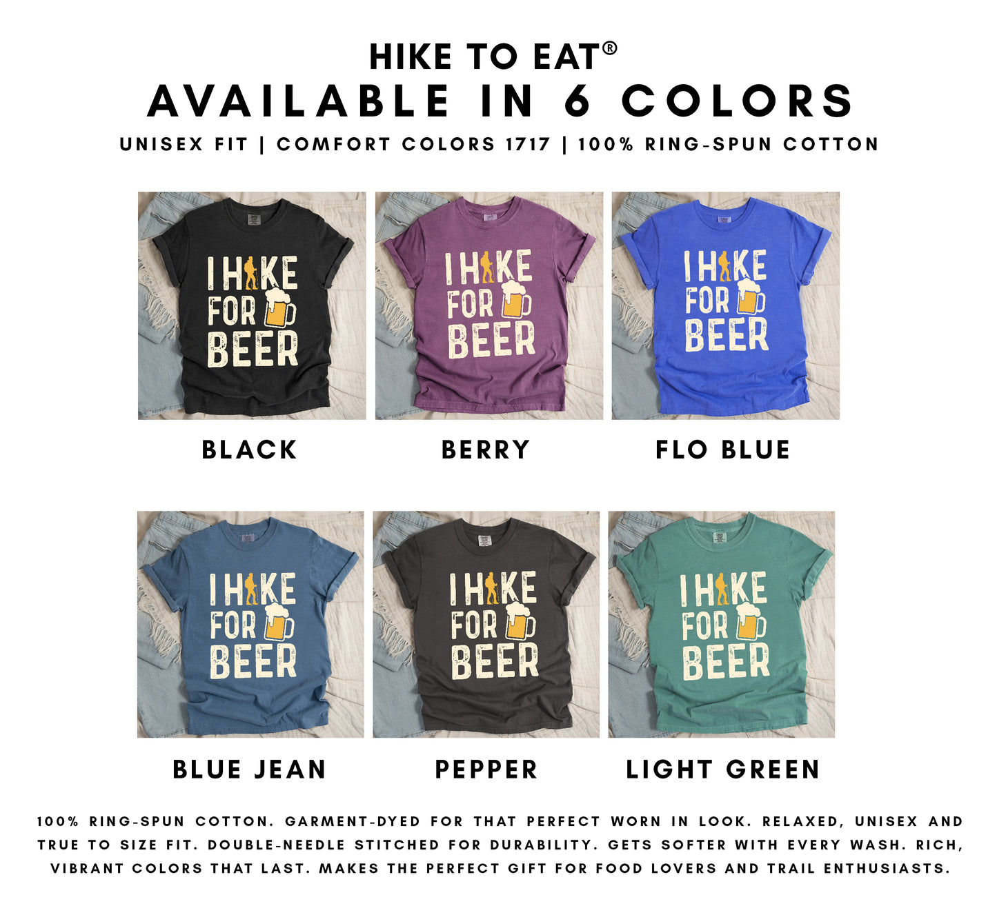 I Hike for Beer t-shirt color options chart showing 6 available colors: black, berry, flo blue, blue jean, pepper, and light green with orange hiker silhouette and beer mug design.