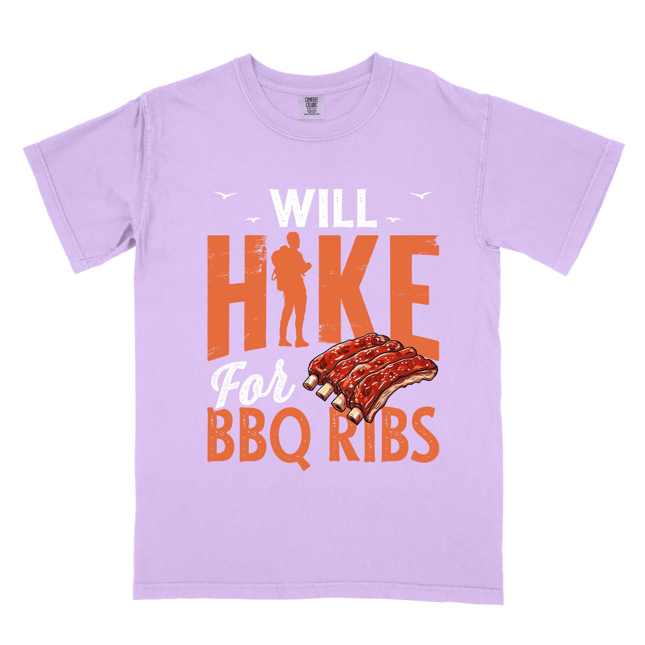 Orchid "Will Hike for BBQ Ribs" colored vintage tee with bold typography, birds, juicy grilled bbq ribs illustration, and backpacker for bbq enthusiasts