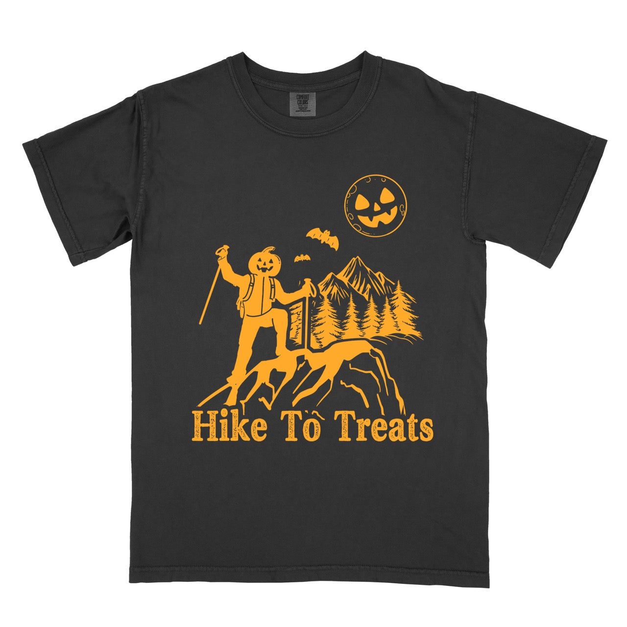 Black Limited edition Halloween statement shirt Hike To Treats featuring orange pumpkin head character silhouette with mountain landscape flying bats and jack-o-lantern moon on Comfort Colors tee for festive fall celebrations for hikers and foodies.