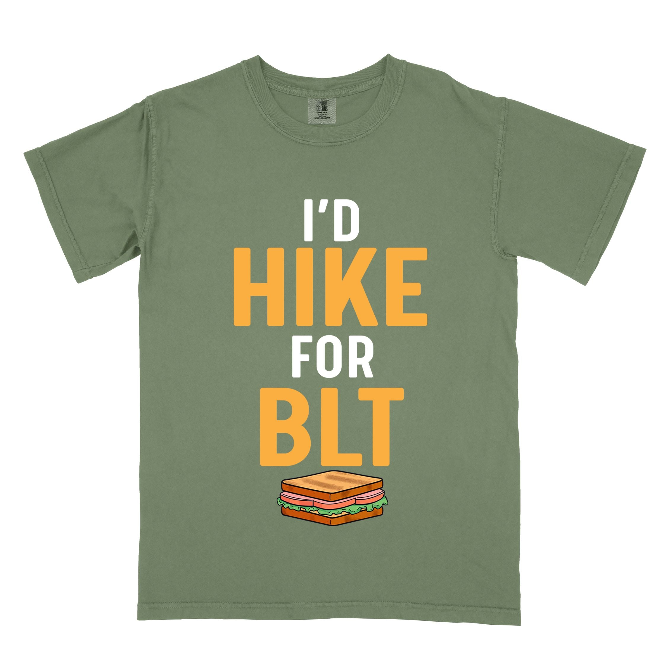 Moss "I'd Hike for BLT" colored vintage tee with bold typography, toasted BLT sandwich illustration, perfect for sandwich lovers