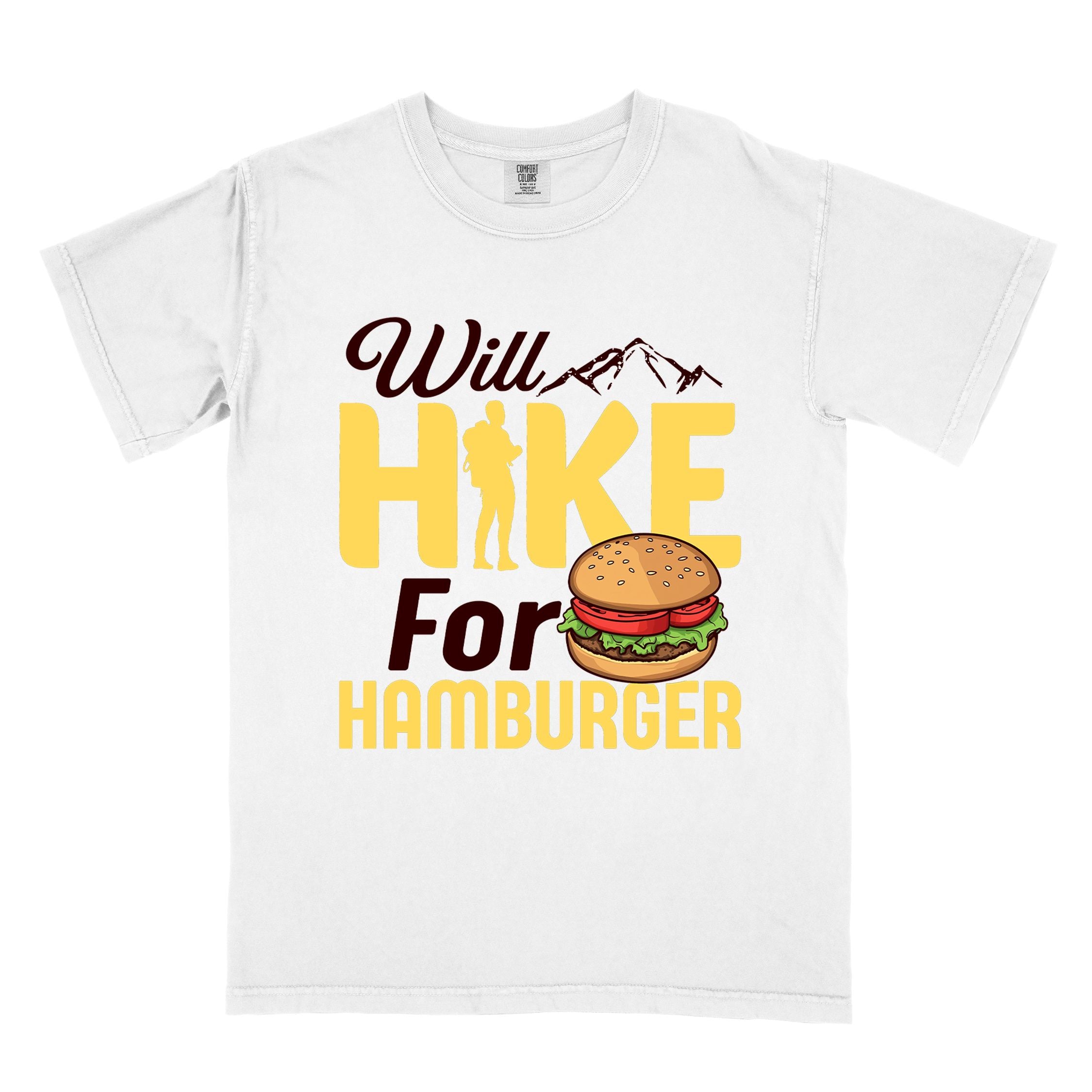 White "Will Hike for Hamburger" colored vintage tee with bold typography, birds, mountains, illustrated juicy hamburger, and backpacker for burger enthusiasts.
