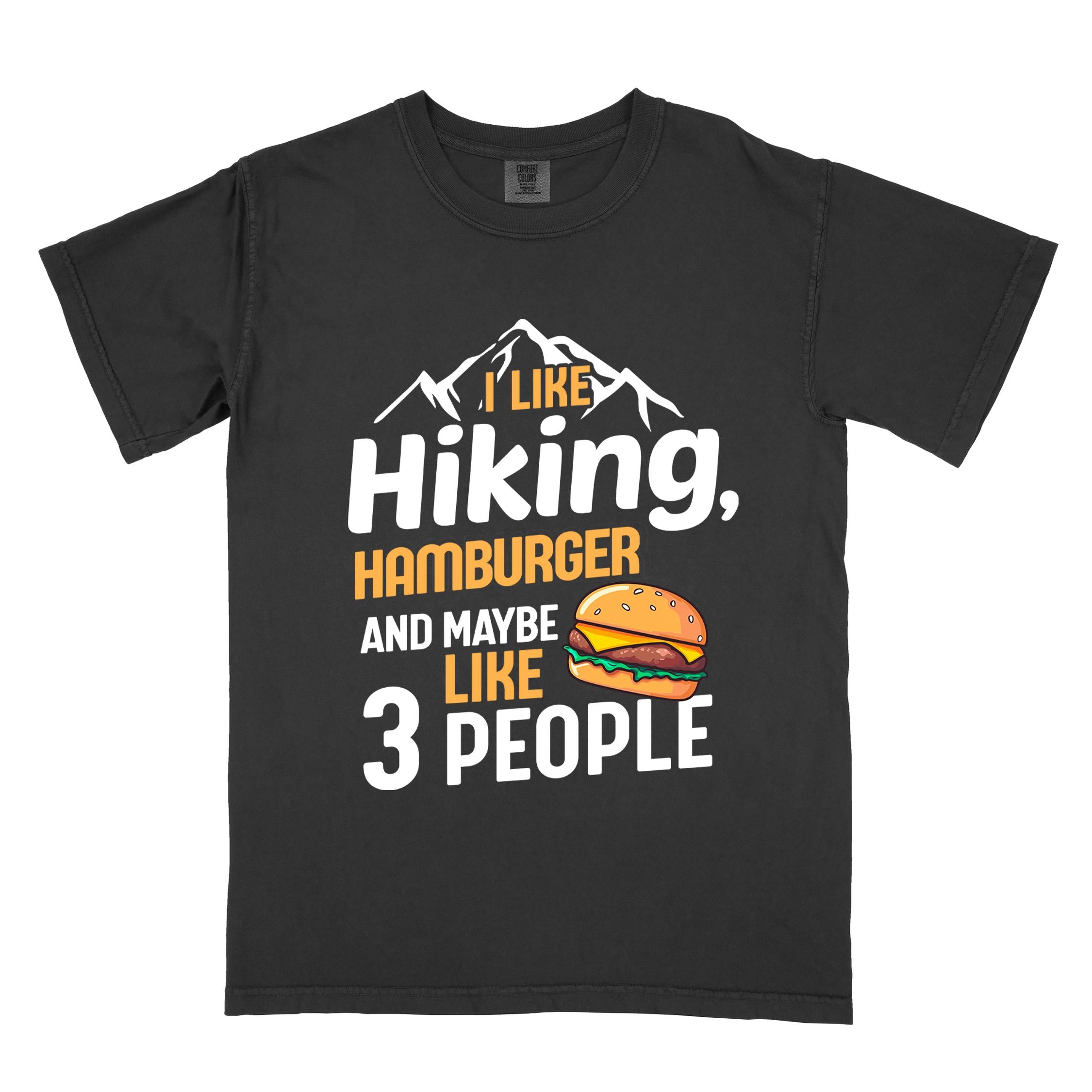 Black "I like hiking, hamburger and maybe like three people" colored vintage tee with bold typography, birds, mountains, illustrated juicy hamburger, and backpacker for burger enthusiasts.