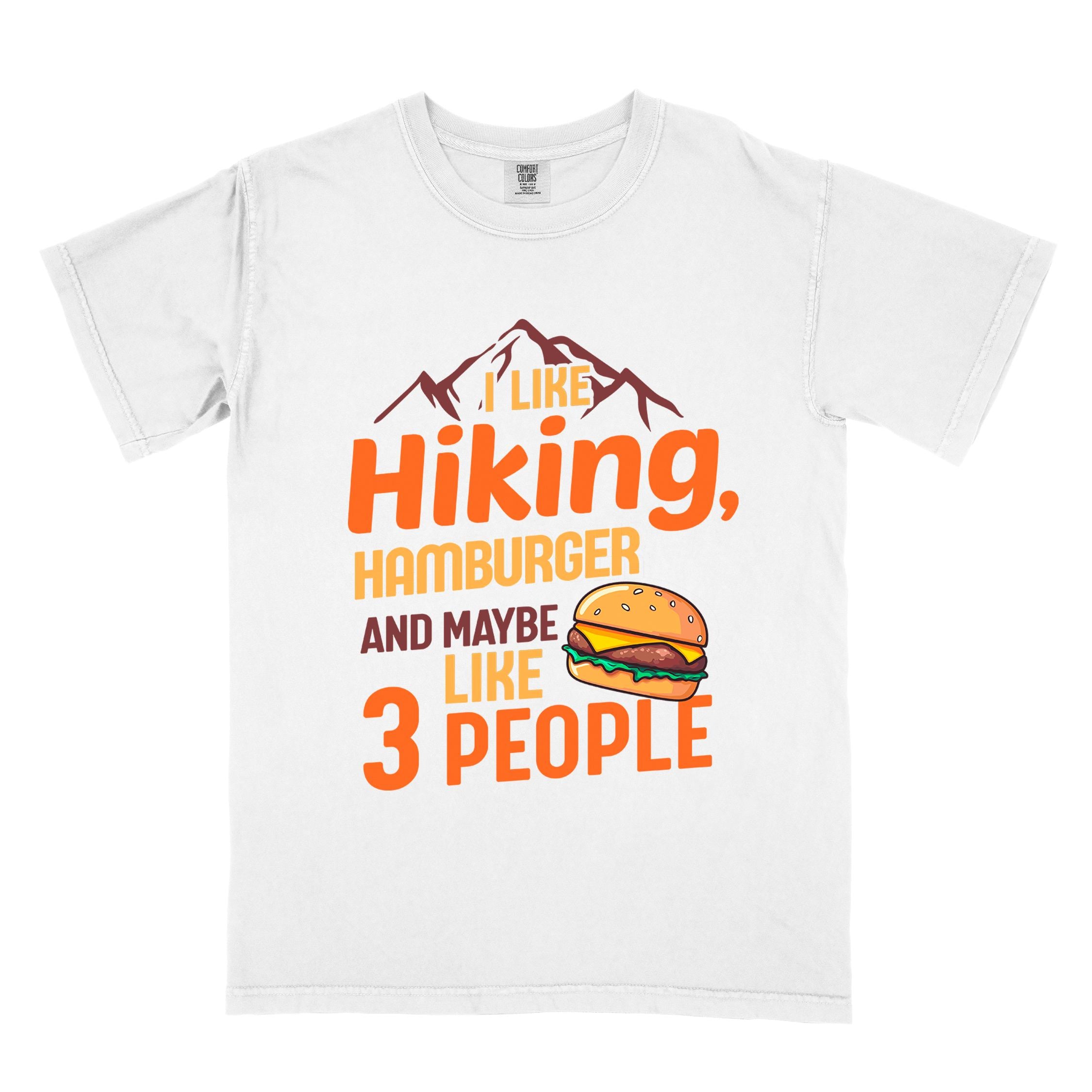 White "I like hiking, hamburger and maybe like three people" colored vintage tee with bold typography, birds, mountains, illustrated juicy hamburger, and backpacker for burger enthusiasts.