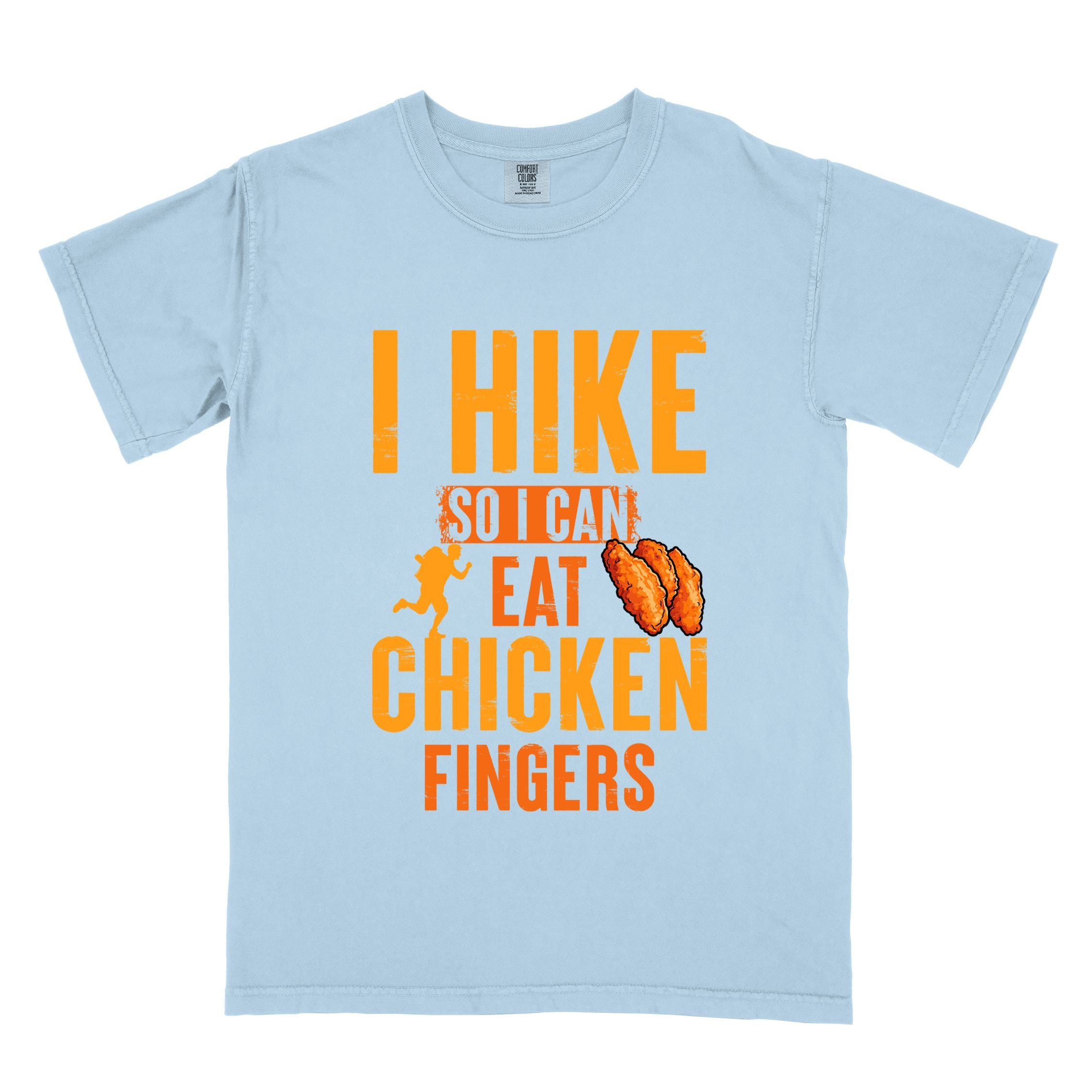 Chambray "I Hike so I can eat Chicken Fingers" colored vintage tee with bold typography, illustrated crispy fried chicken fingers, perfect for comfort food lovers.