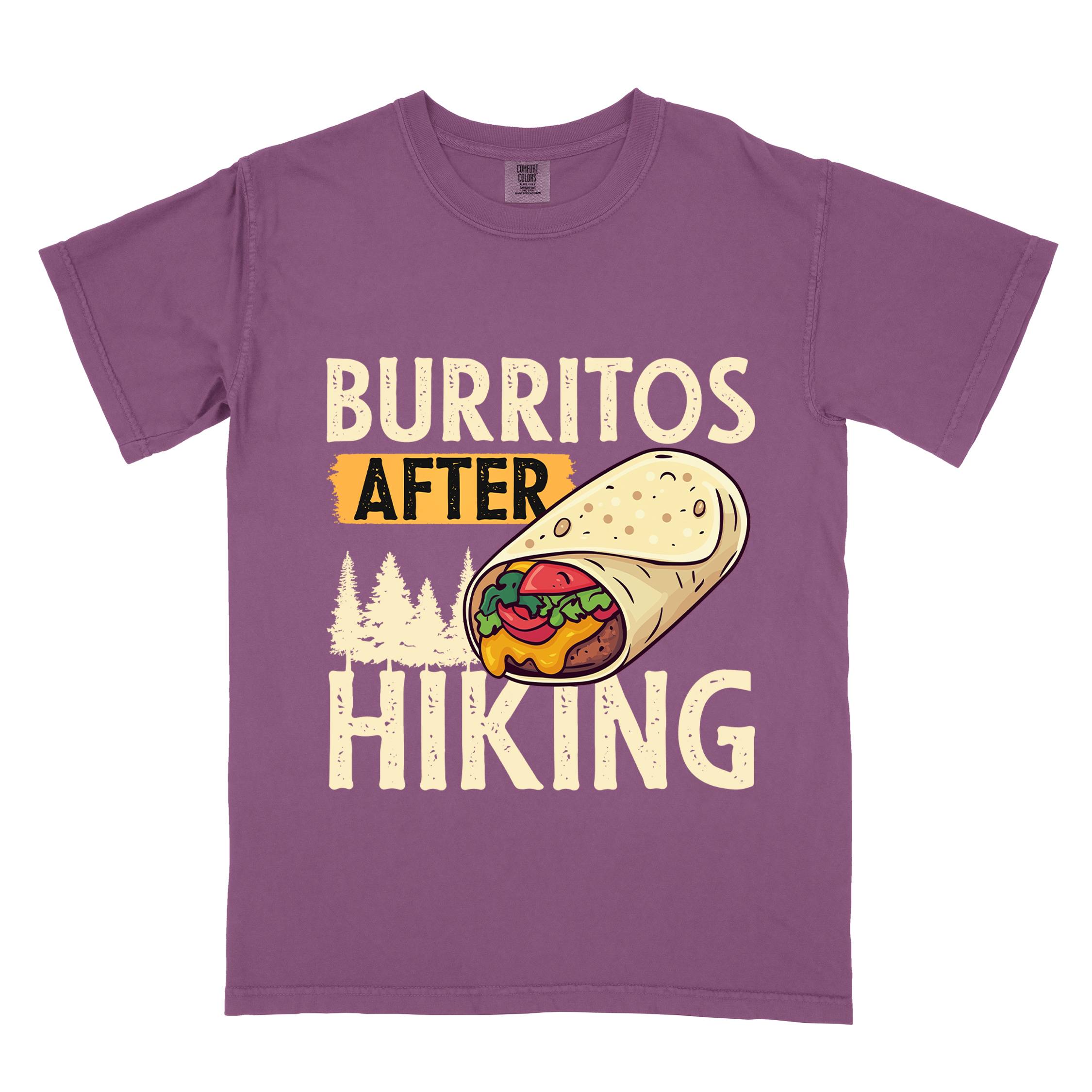 Berry "burritos after hiking" colored vintage tee with bold typography, birds, trees, illustrated wrapped burrito, and backpacker for burrito enthusiasts.