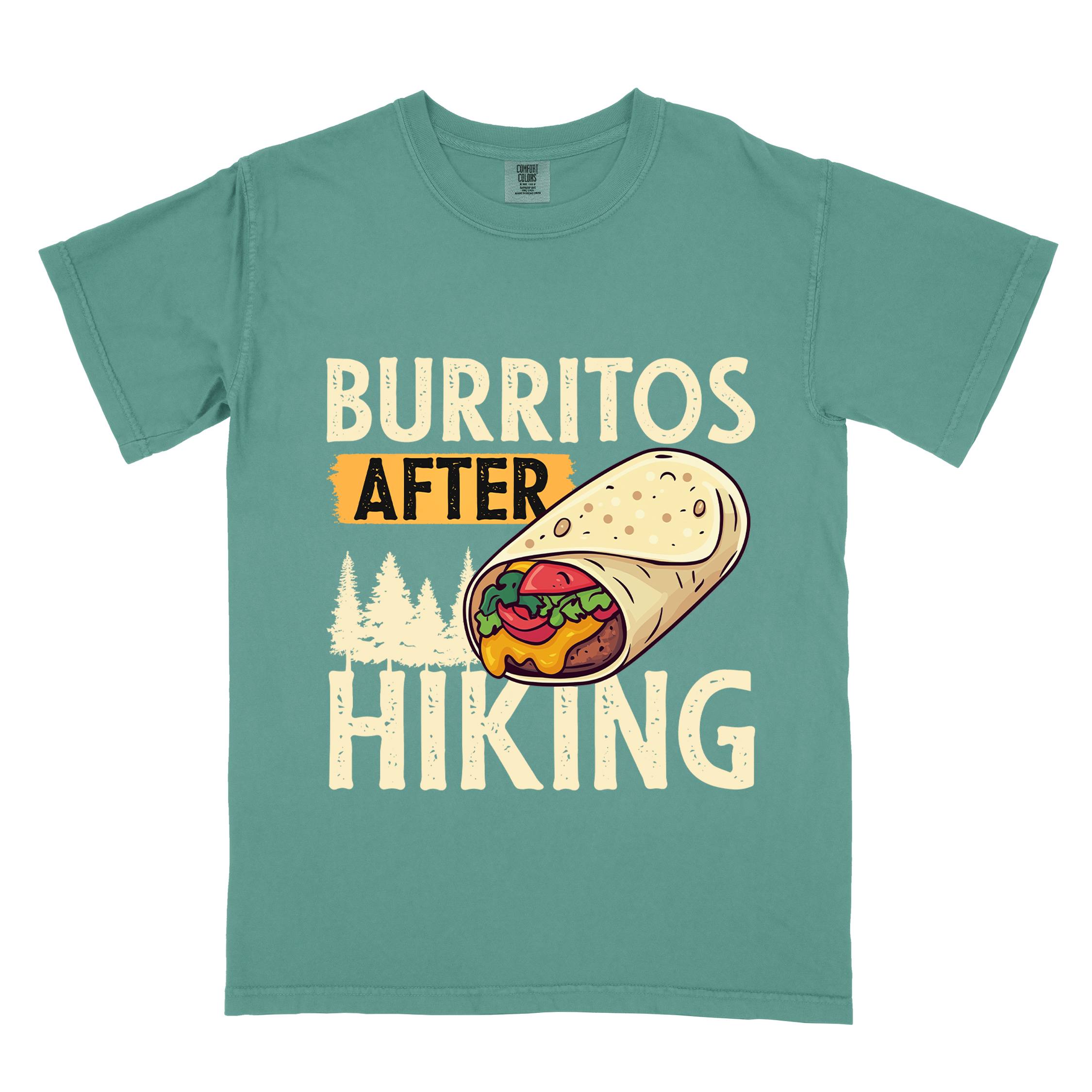 Light green "burritos after hiking" colored vintage tee with bold typography, birds, trees, illustrated wrapped burrito, and backpacker for burrito enthusiasts.