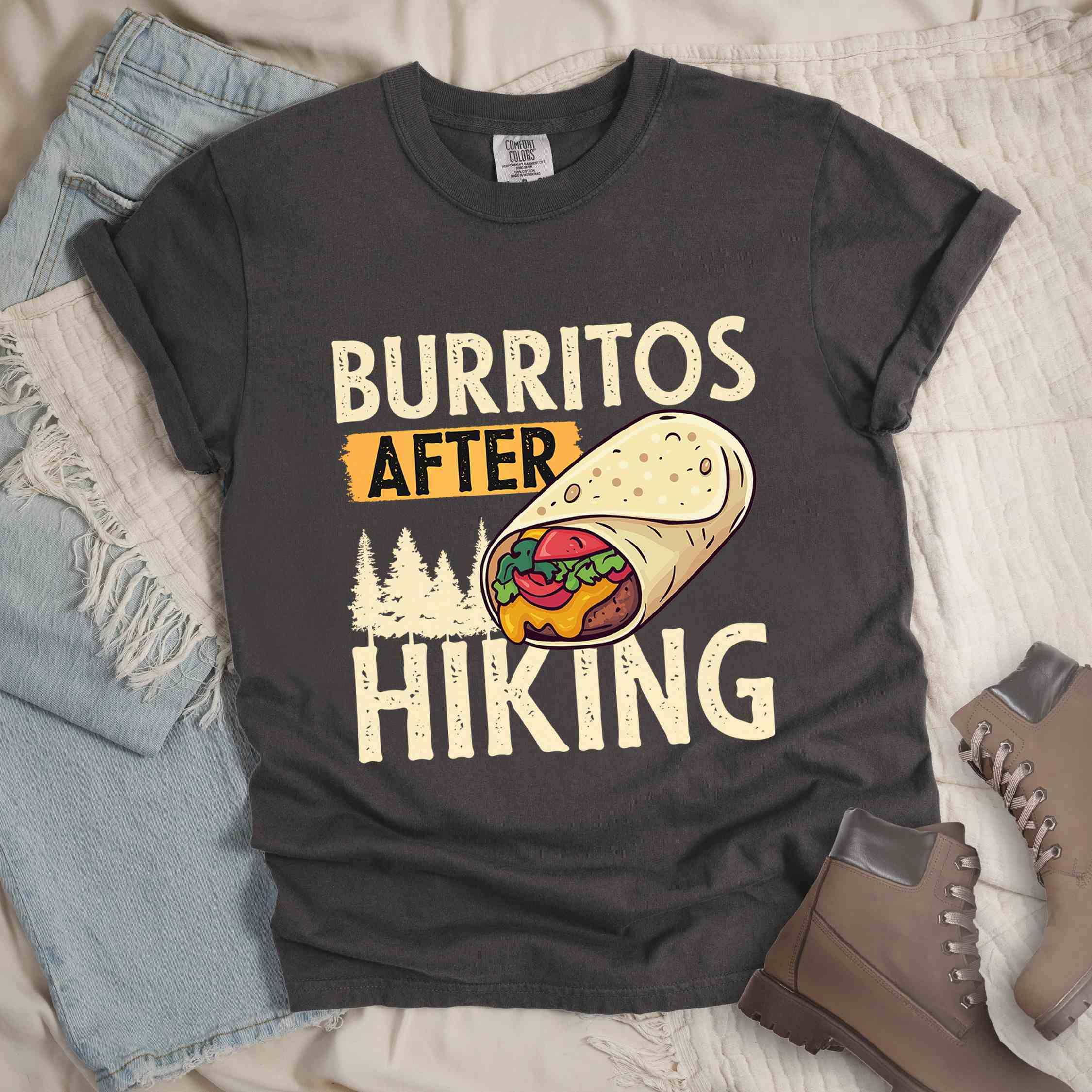 Pepper "burritos after hiking" colored vintage tee with bold typography, birds, trees, illustrated wrapped burrito, and backpacker for burrito enthusiasts.