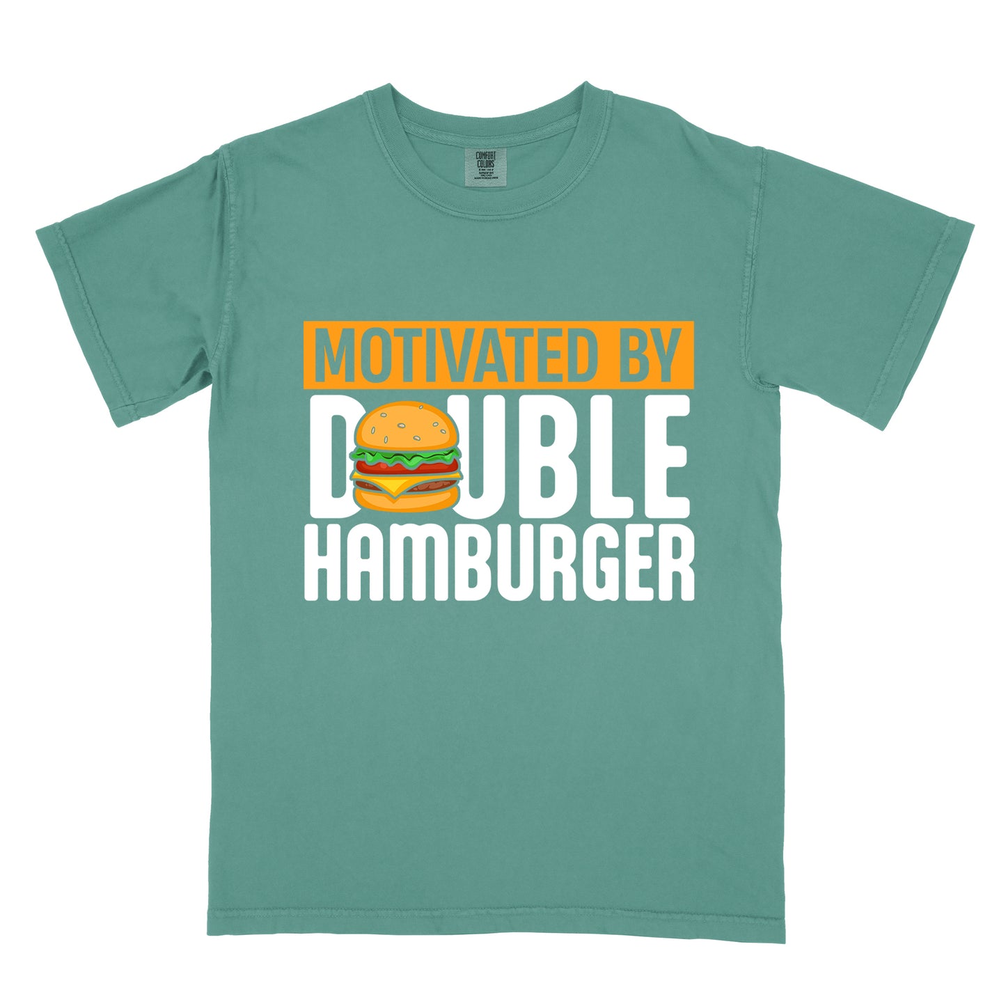 Light Green t-shirt with text "MOTIVATED BY DOUBLE HAMBURGER". "MOTIVATED BY" appears in Light Green text on an orange rectangular background at the top. "DOUBLE HAMBURGER" appears in large white letters below, with a colorful hamburger illustration replacing the letter "O" in "DOUBLE". The hamburger graphic shows a sesame seed bun, lettuce, tomato, cheese, and beef patty.