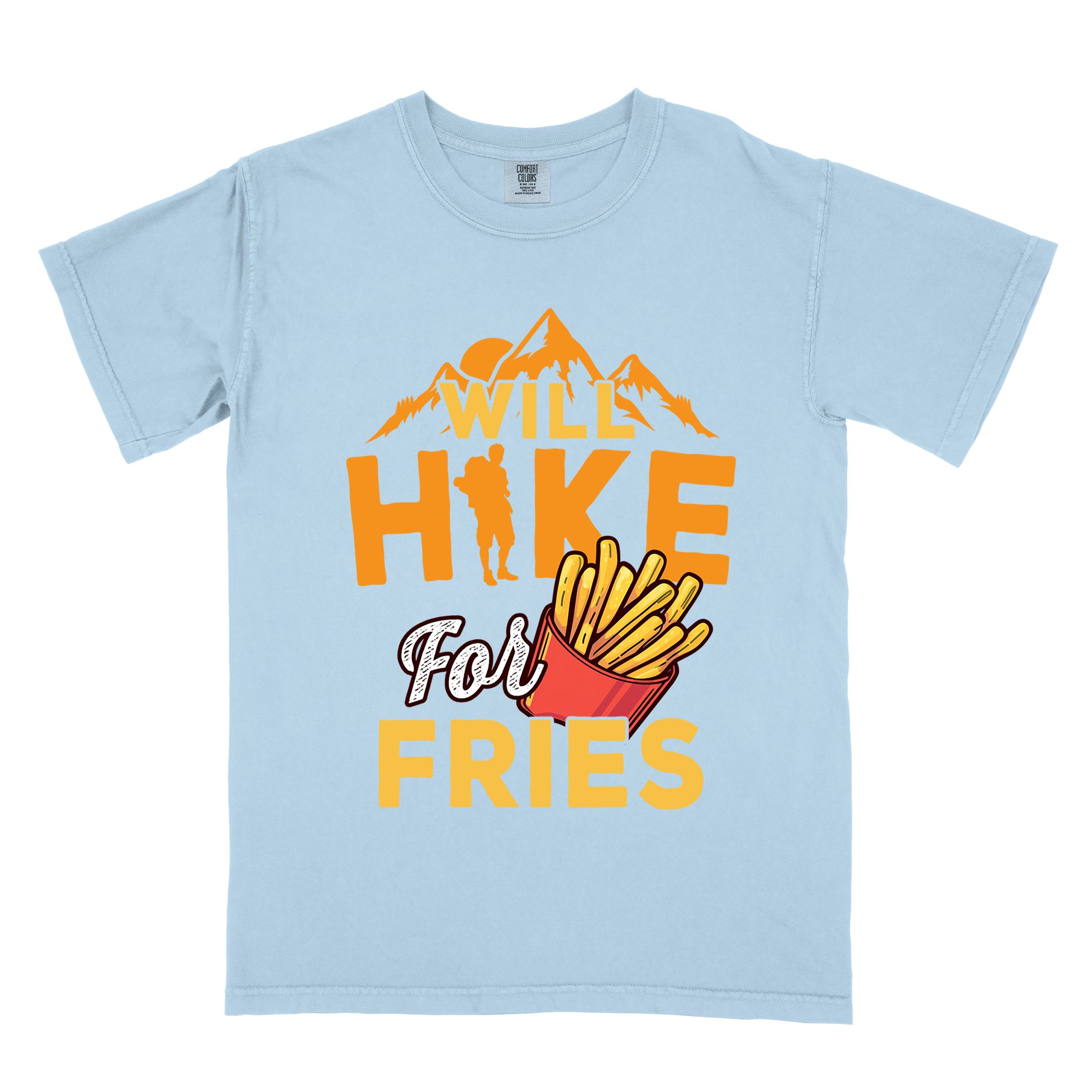 Chambray "Will Hike for Fries" colored vintage tee with bold typography, mountains, illustrated fries, and backpacker for comfort food enthusiasts.
