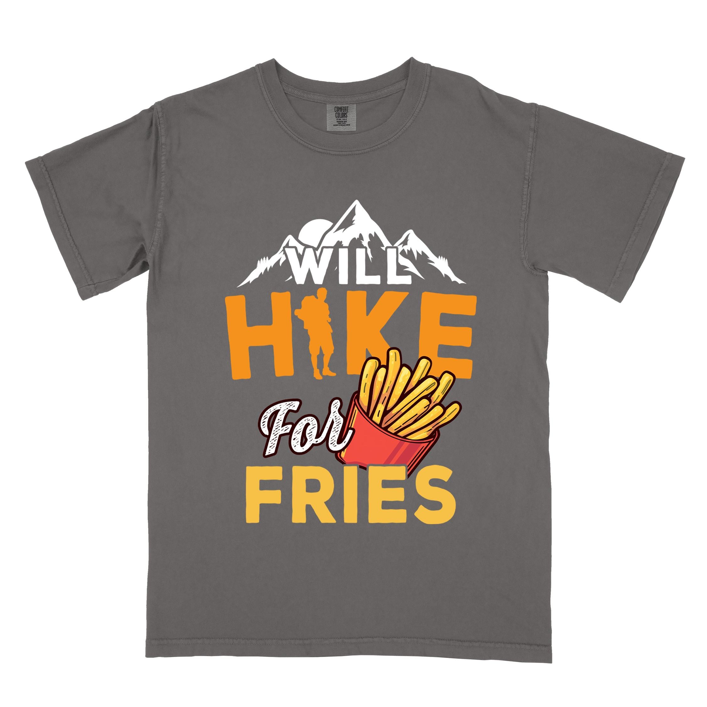 Pepper "Will Hike for Fries" colored vintage tee with bold typography, mountains, illustrated fries, and backpacker for comfort food enthusiasts.
